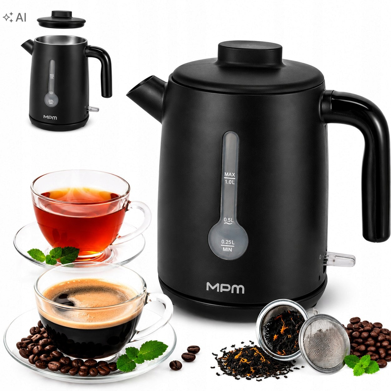 Electric Kettle Tourist MPM MCZ-127/C 1L 2200W Black Filter Small