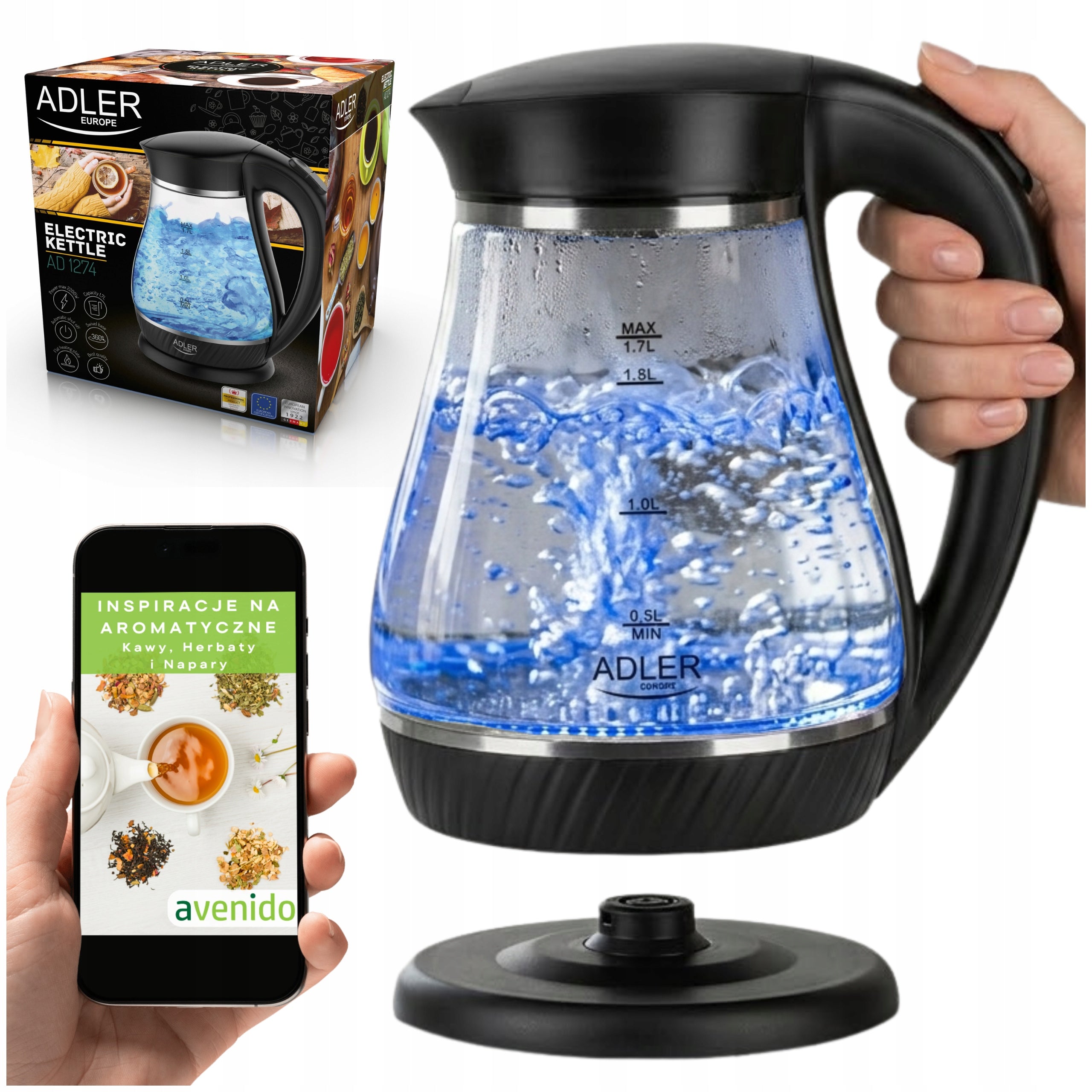 Electric Kettle Wireless Glass 1,7L 2200W Black LED