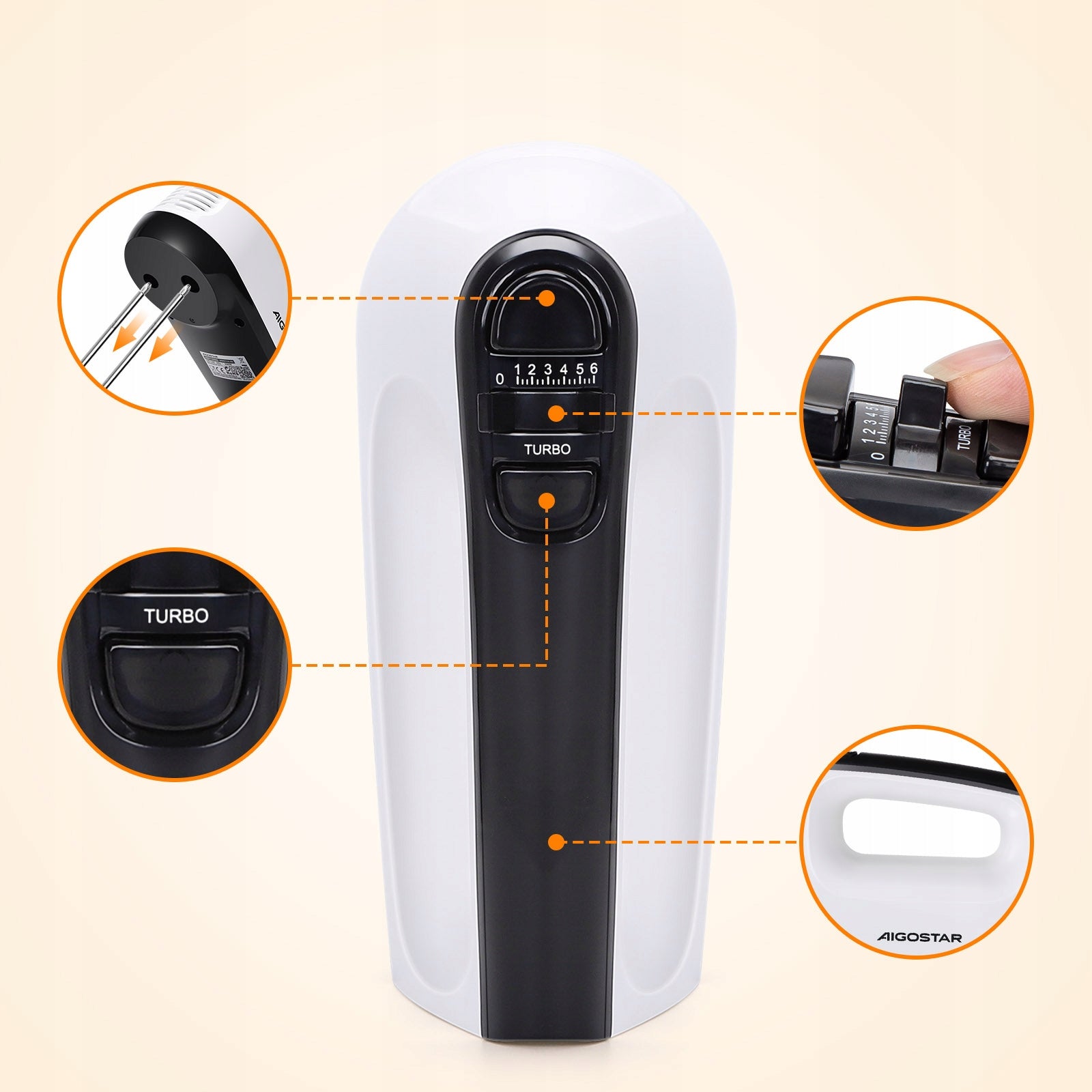 Electric Kitchen Hand Mixer 400W 6 Gear TURBO 5 Stirrer Aigostar Manufacturer code 300112XMJ
