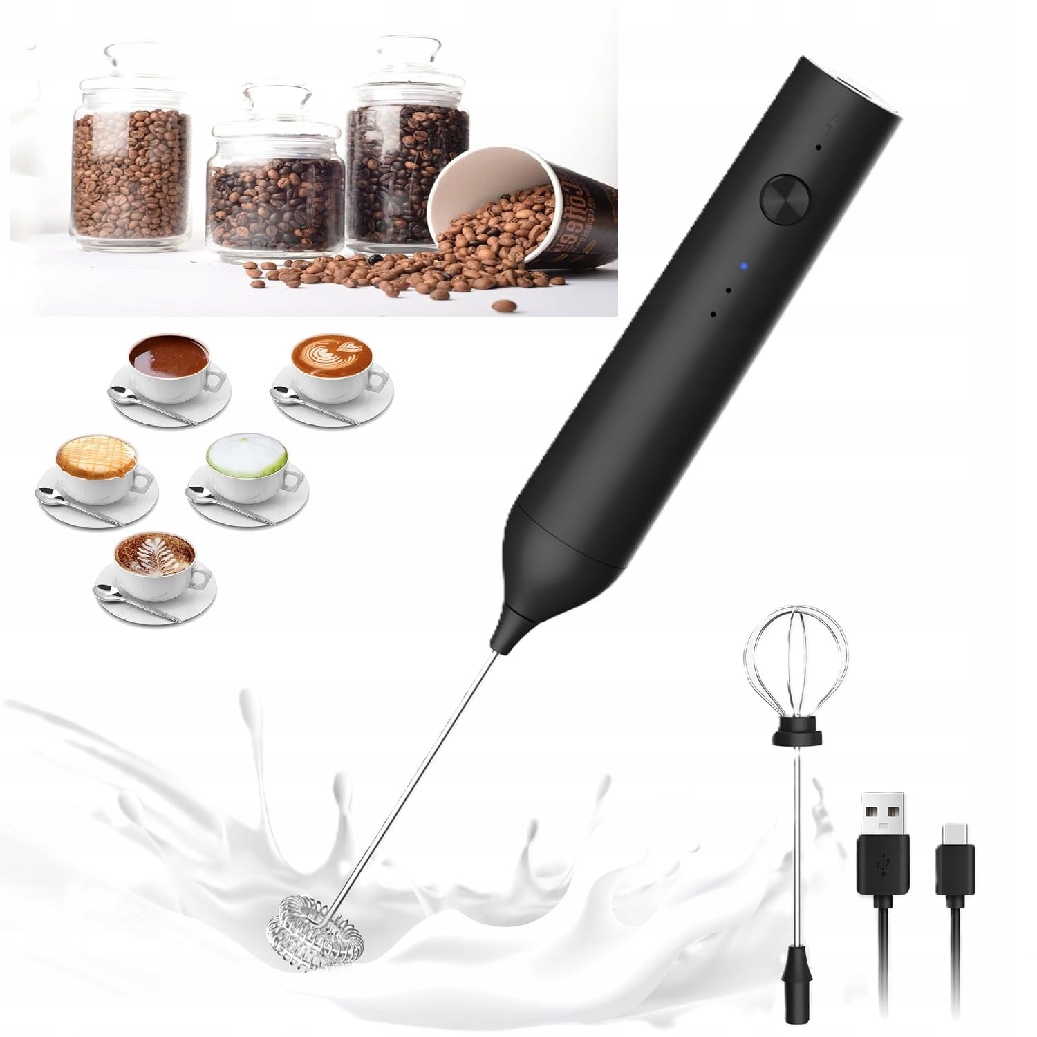 Electric Milk Foamer Handheld Rechargeable Coffee Wireless USB C Manufacturer code Elektryczny Spieniacz do Mleka Ręczny USB
