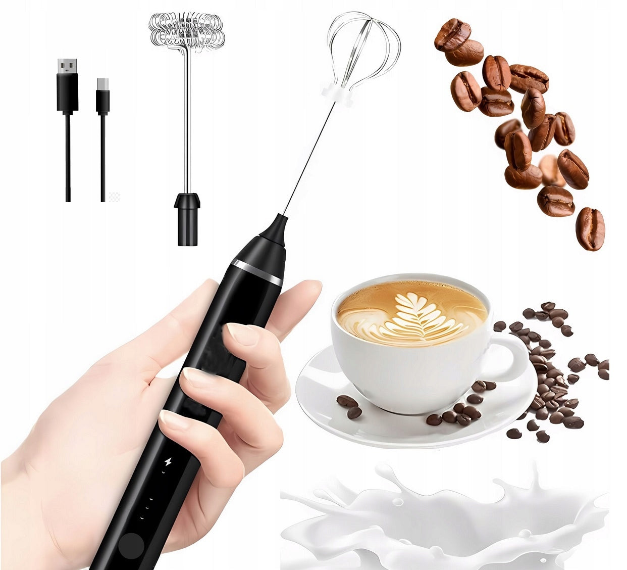 Electric Milk Foamer Handheld Rechargeable Coffee Wireless USB C