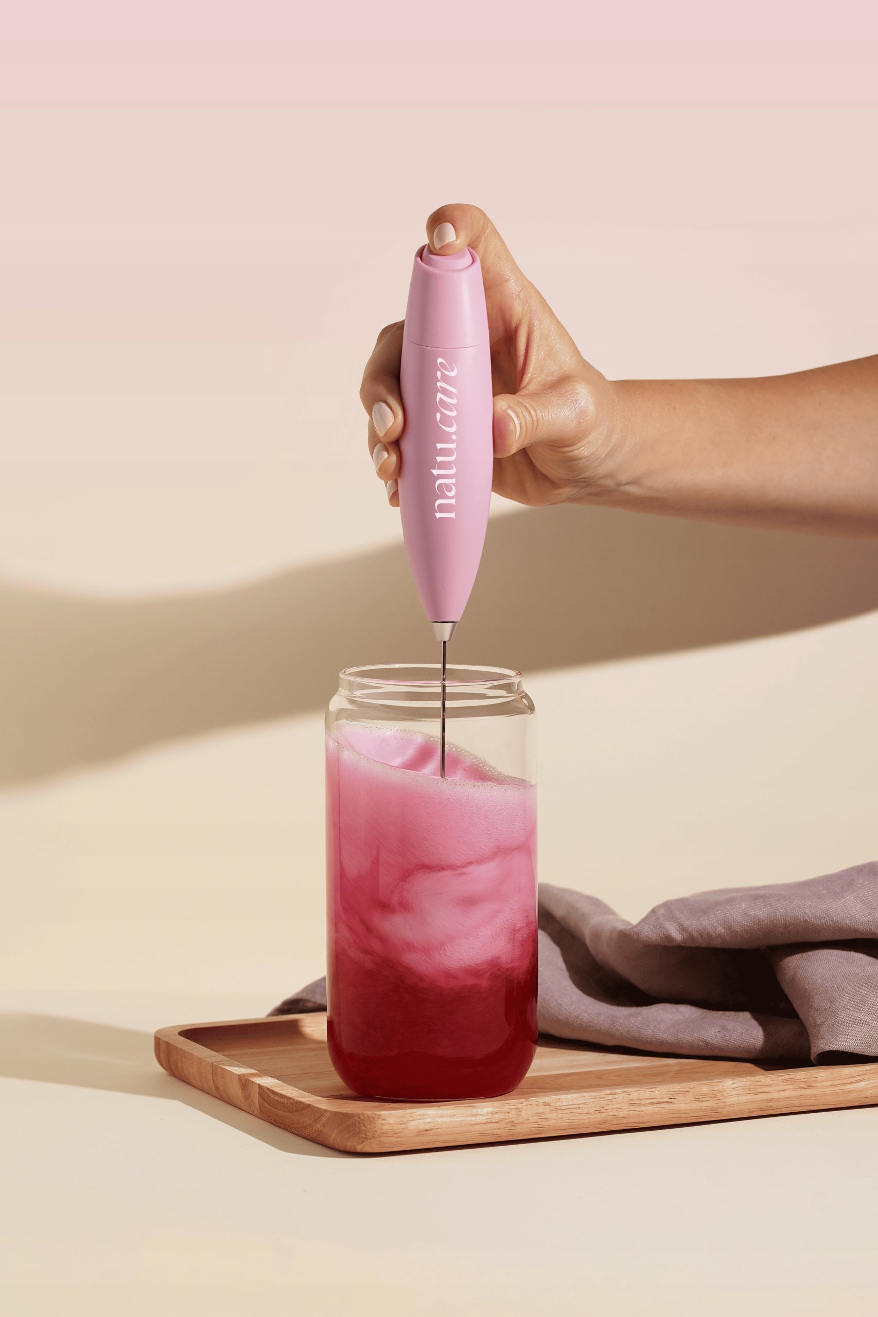 Electric Milk Foamer Mixing Wand Handheld Strong Pink Packaging status original