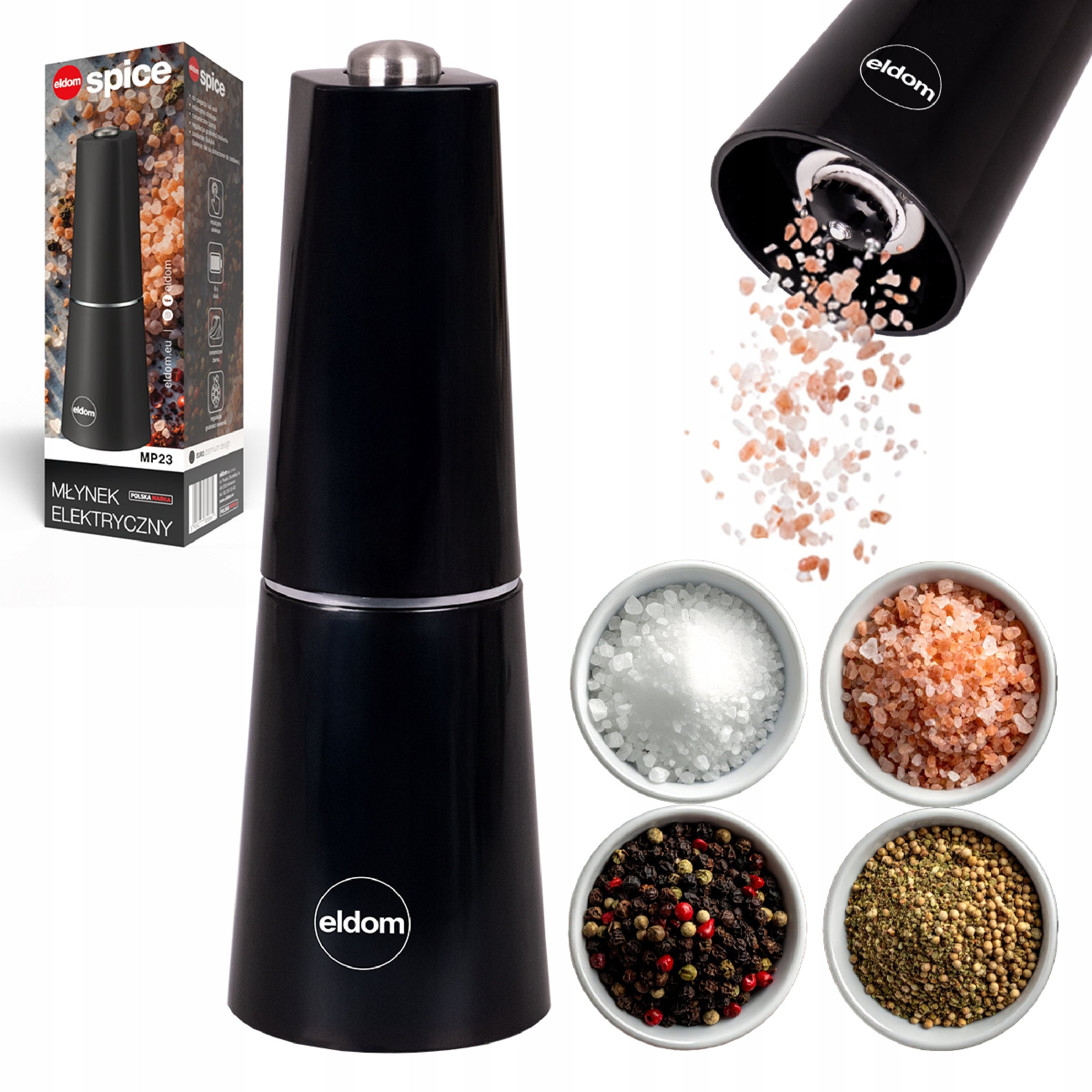 Electric Pepper and Salt Grinder MP23 Black Ceramic Heater Eldom