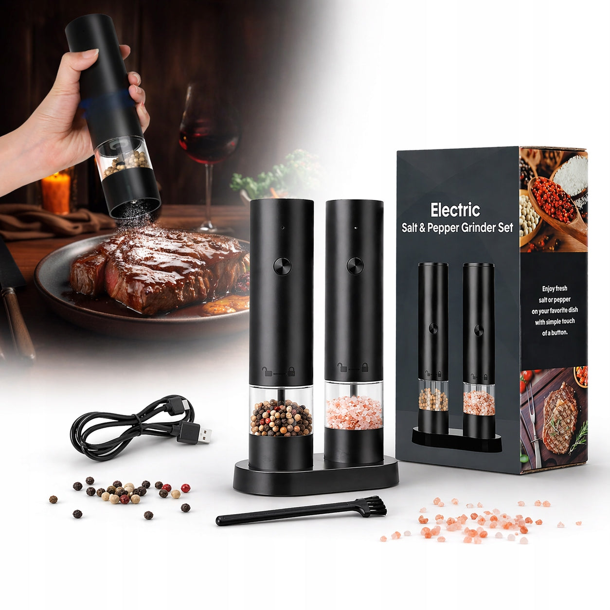 Electric Pepper and Salt Grinder, USB Rechargeable, 2 Pieces with Base