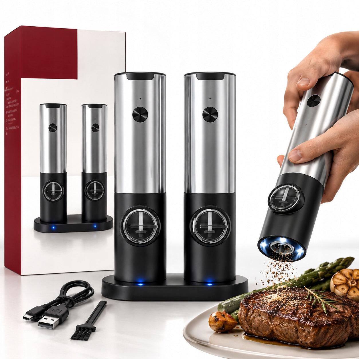Electric Pepper and Salt Grinder with Battery Charging Stand