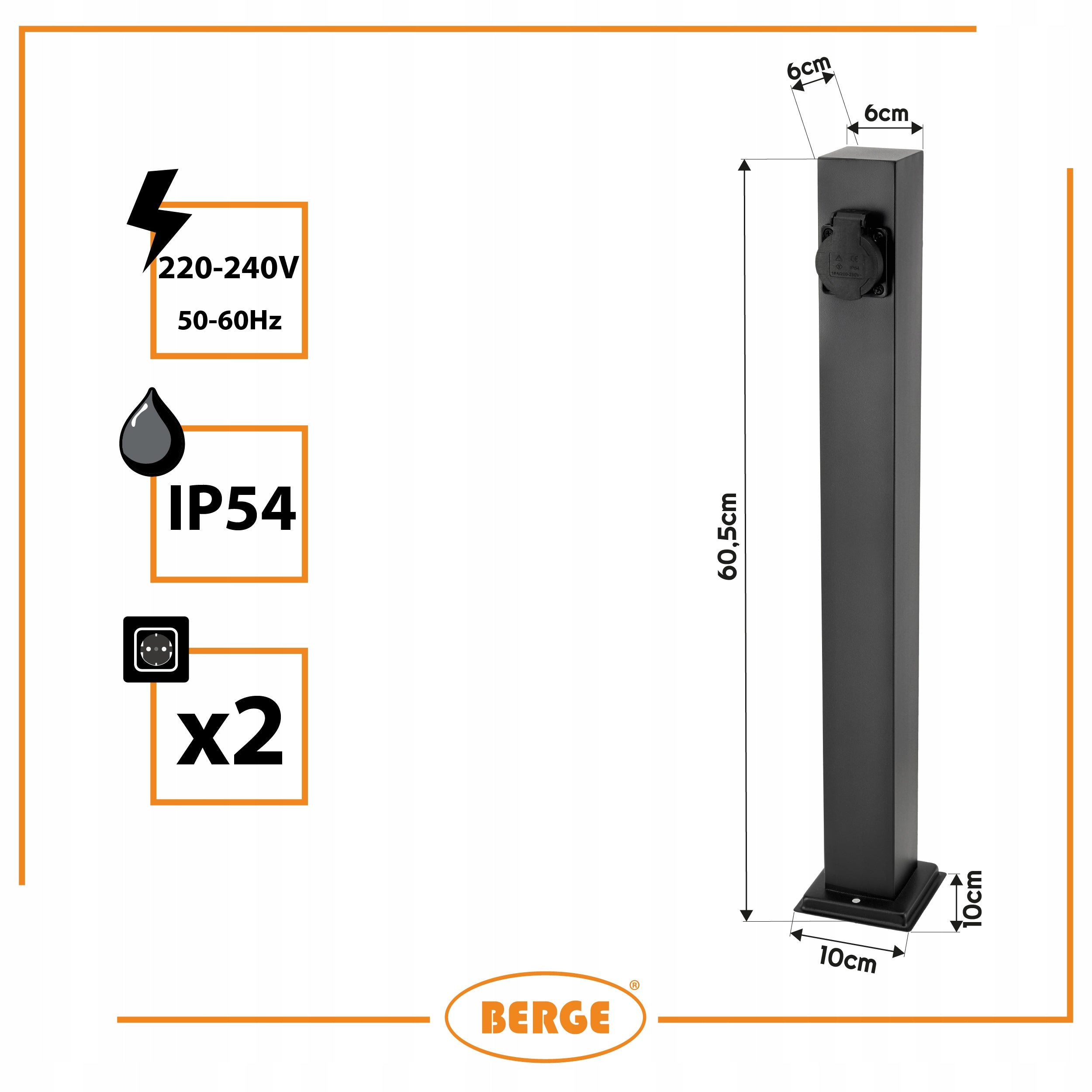 Electric Post Garden Standing Lamp 2x Hermetic Socket 60cm 16A Product height 60 cm