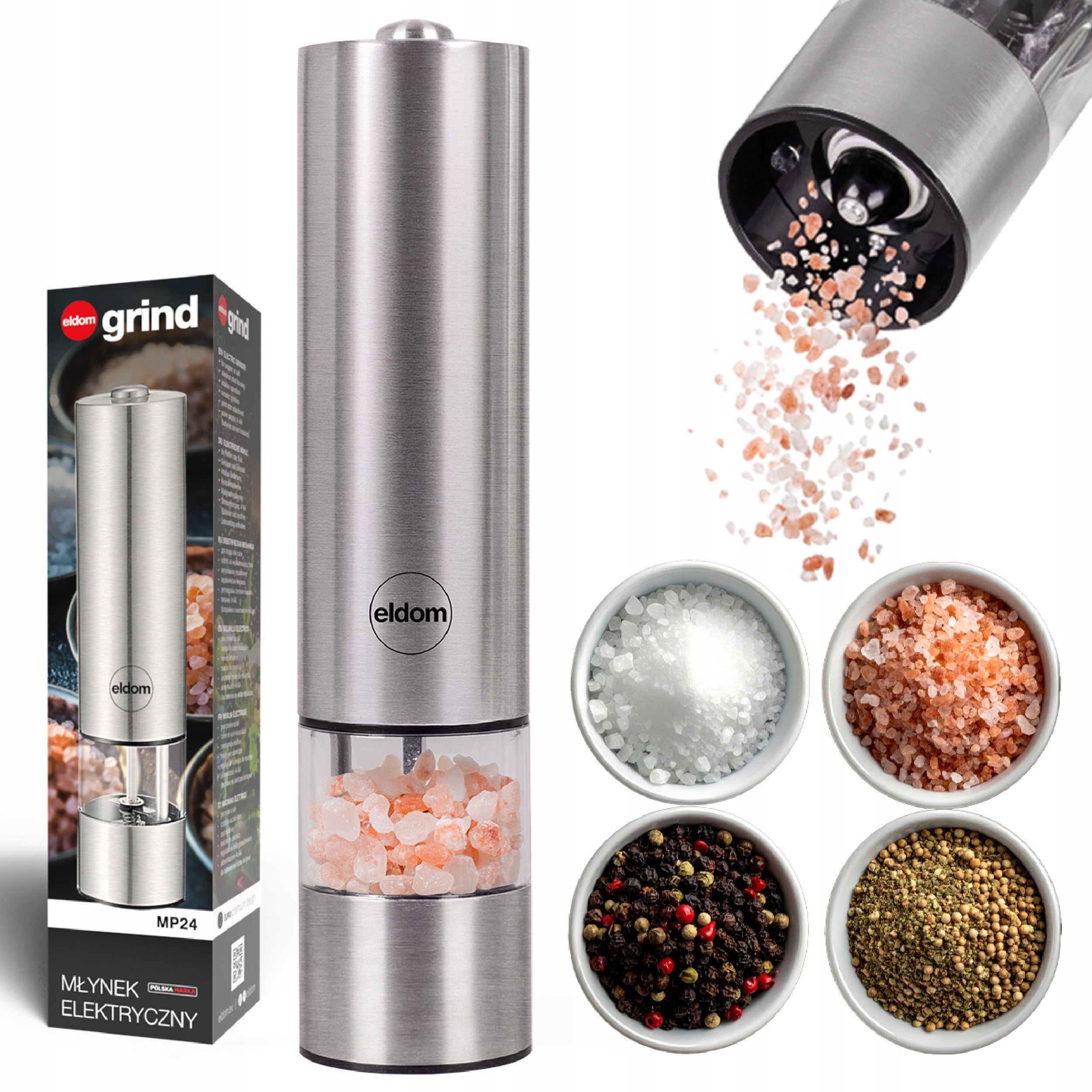Electric Salt and Pepper Grinder MP24 Eldom Steel LED Adjustment