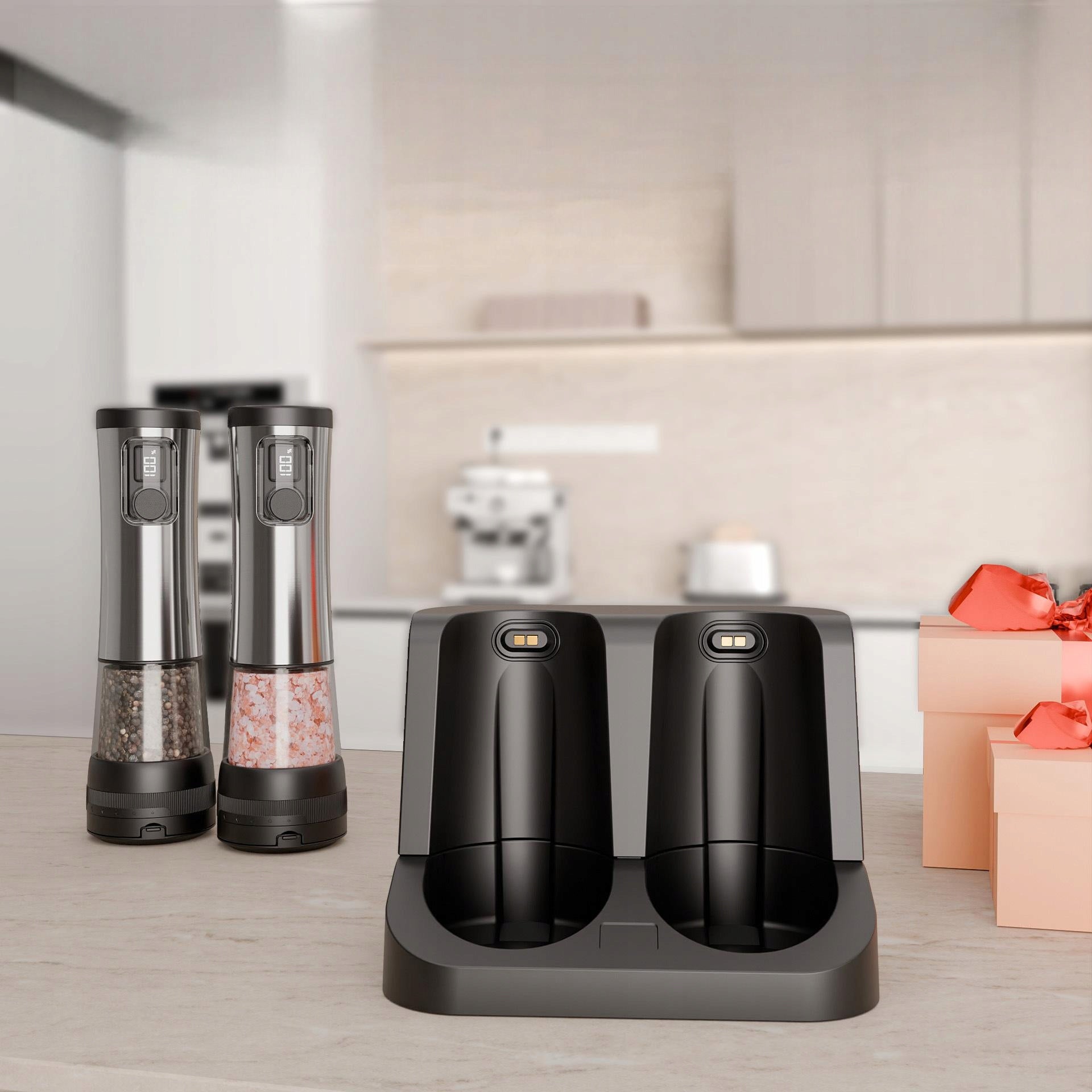 Electric Salt and Pepper Grinder. USB-C Rechargeable with Charging Base Packaging status original