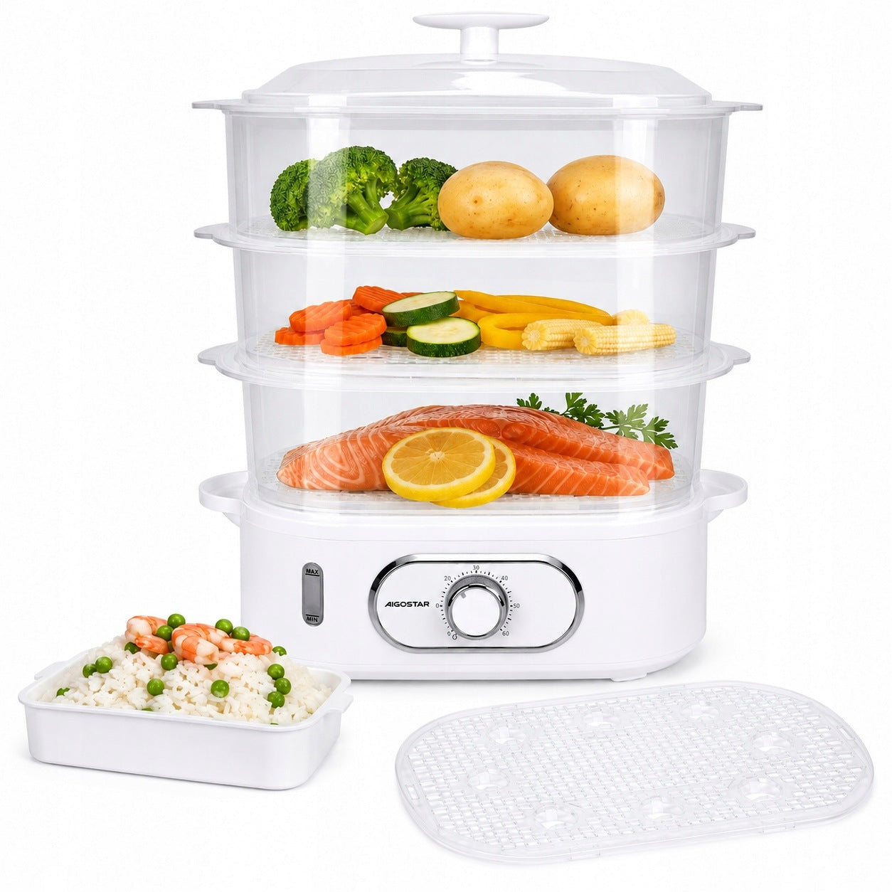 Electric Steamer 12L 900W 3 Level Timer 60 Min For Egg Rice Vegetables