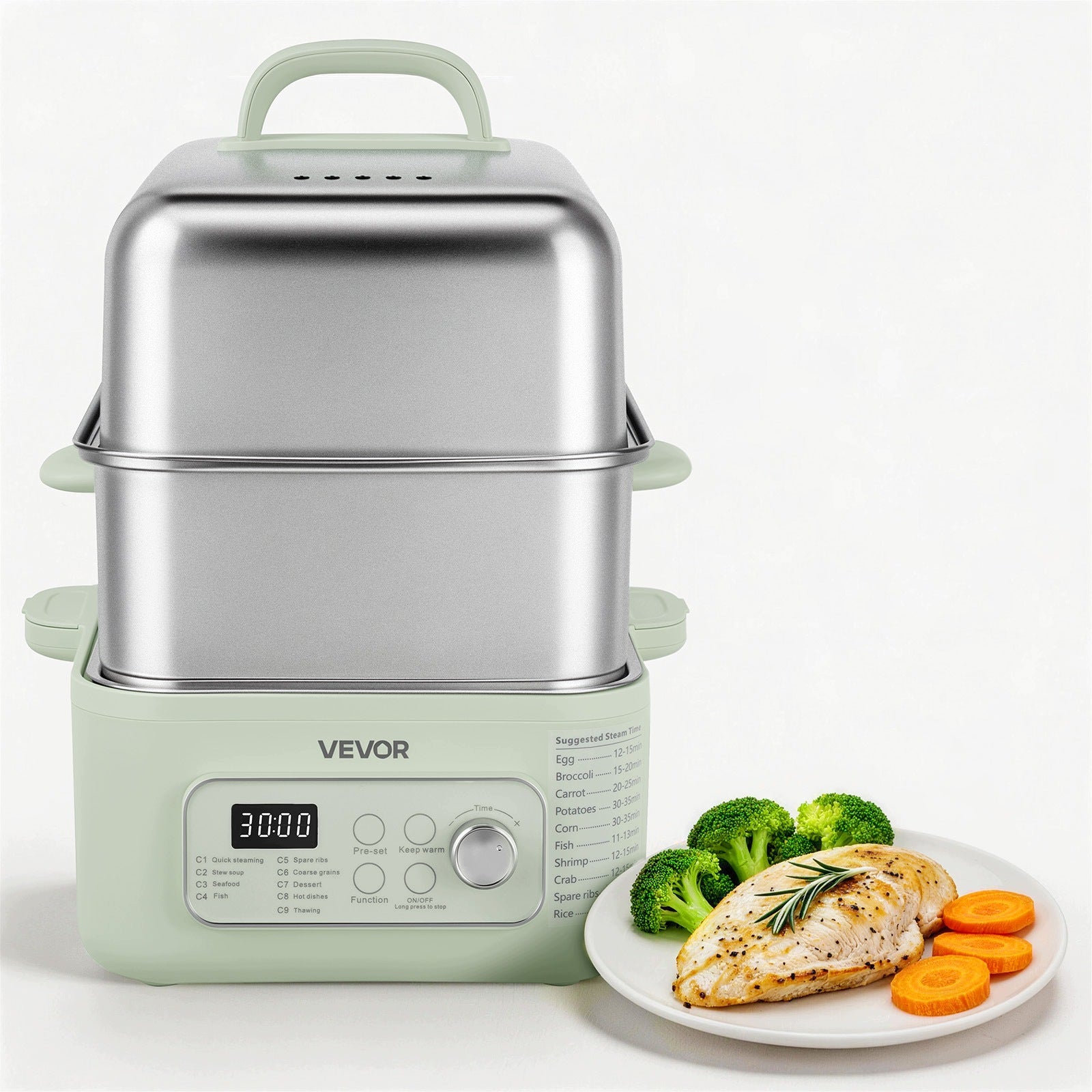 Electric Steamer 13L 1500W With 2 Cooking Levels For 3-6 People Green Brand Vevor