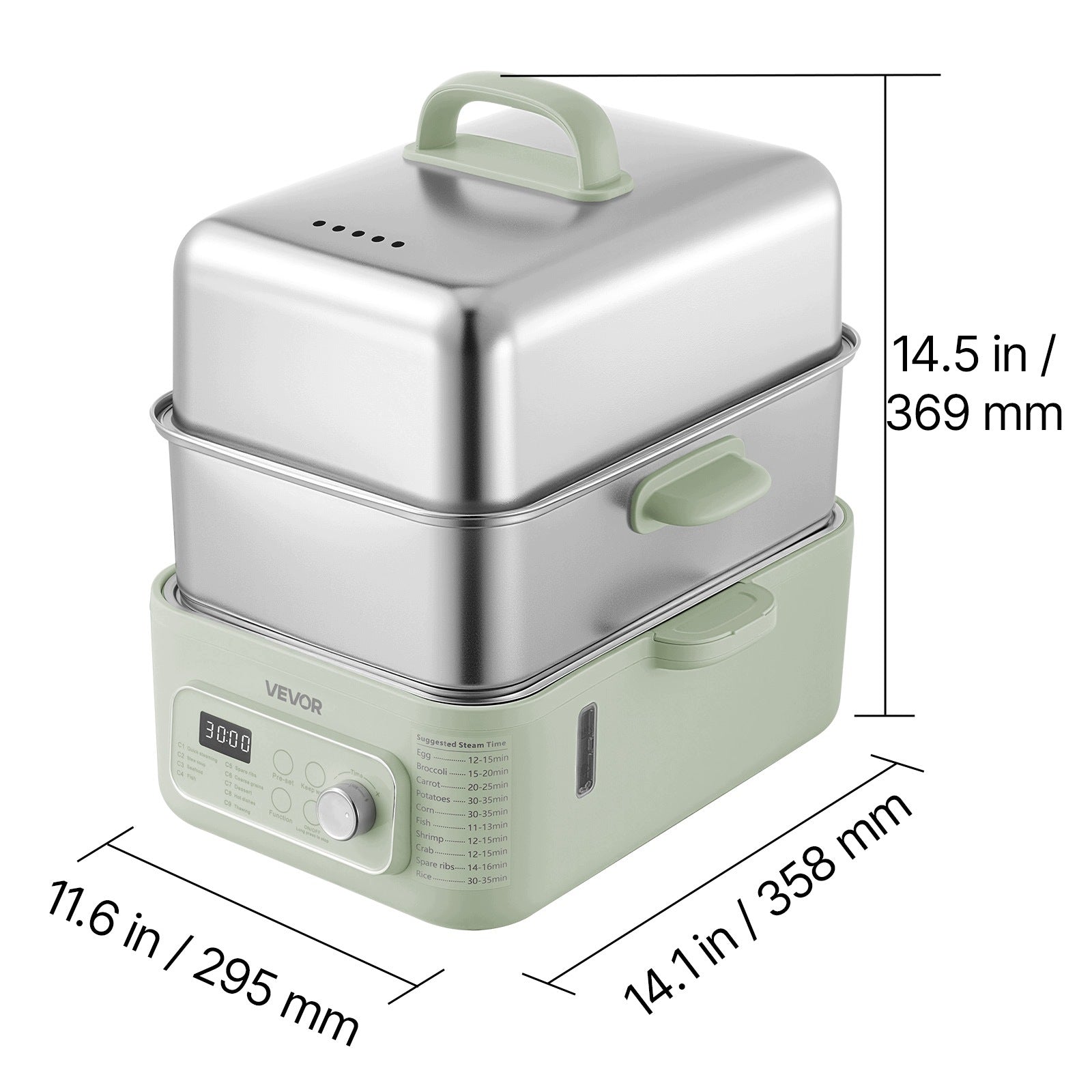 Electric Steamer 13L 1500W With 2 Cooking Levels For 3-6 People Green Manufacturer code YJJXDZG2C150