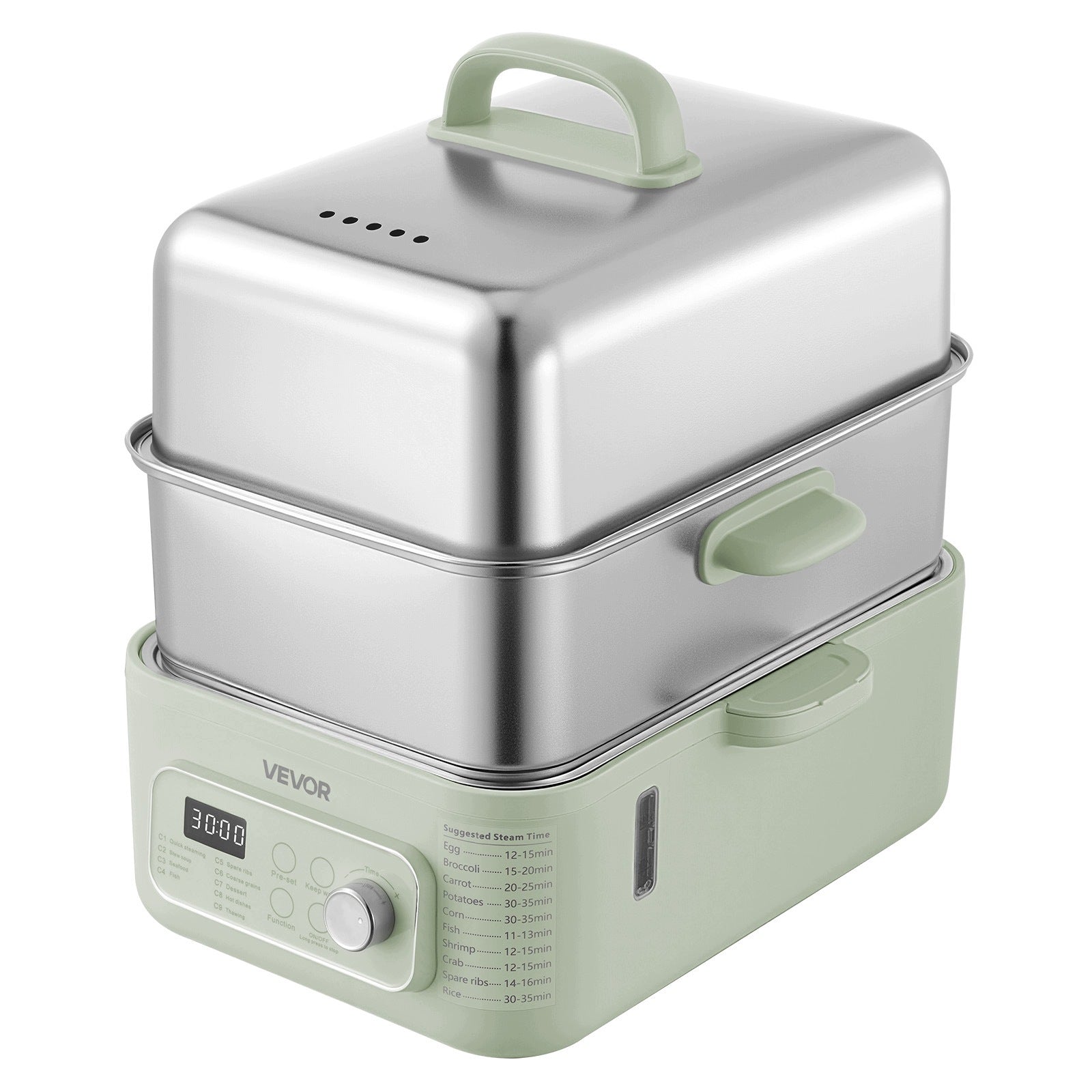 Electric Steamer 13L 1500W With 2 Cooking Levels For 3-6 People Green