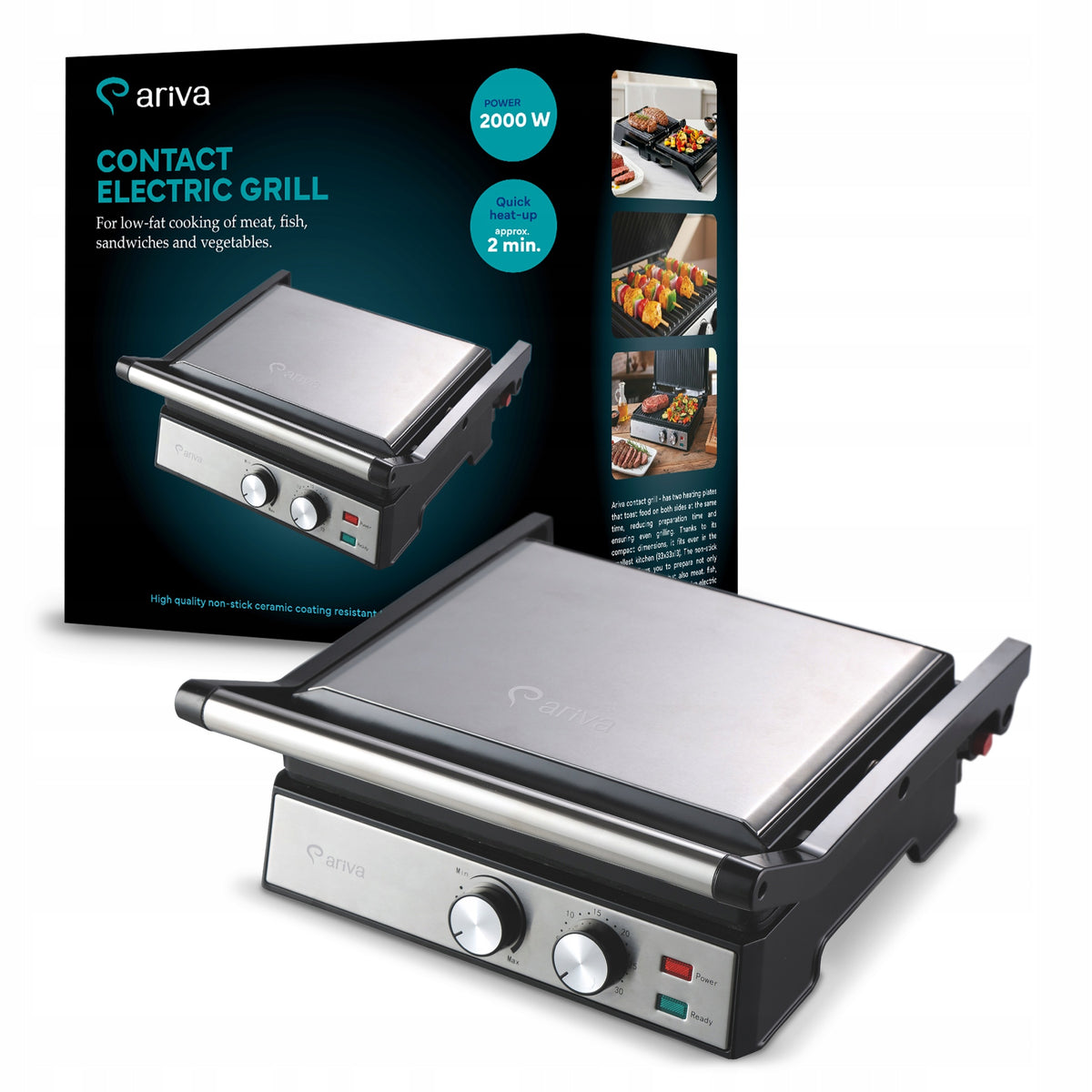 Electric contact grill WITHOUT TEFLON Ariva 2000W folding 180° Panini