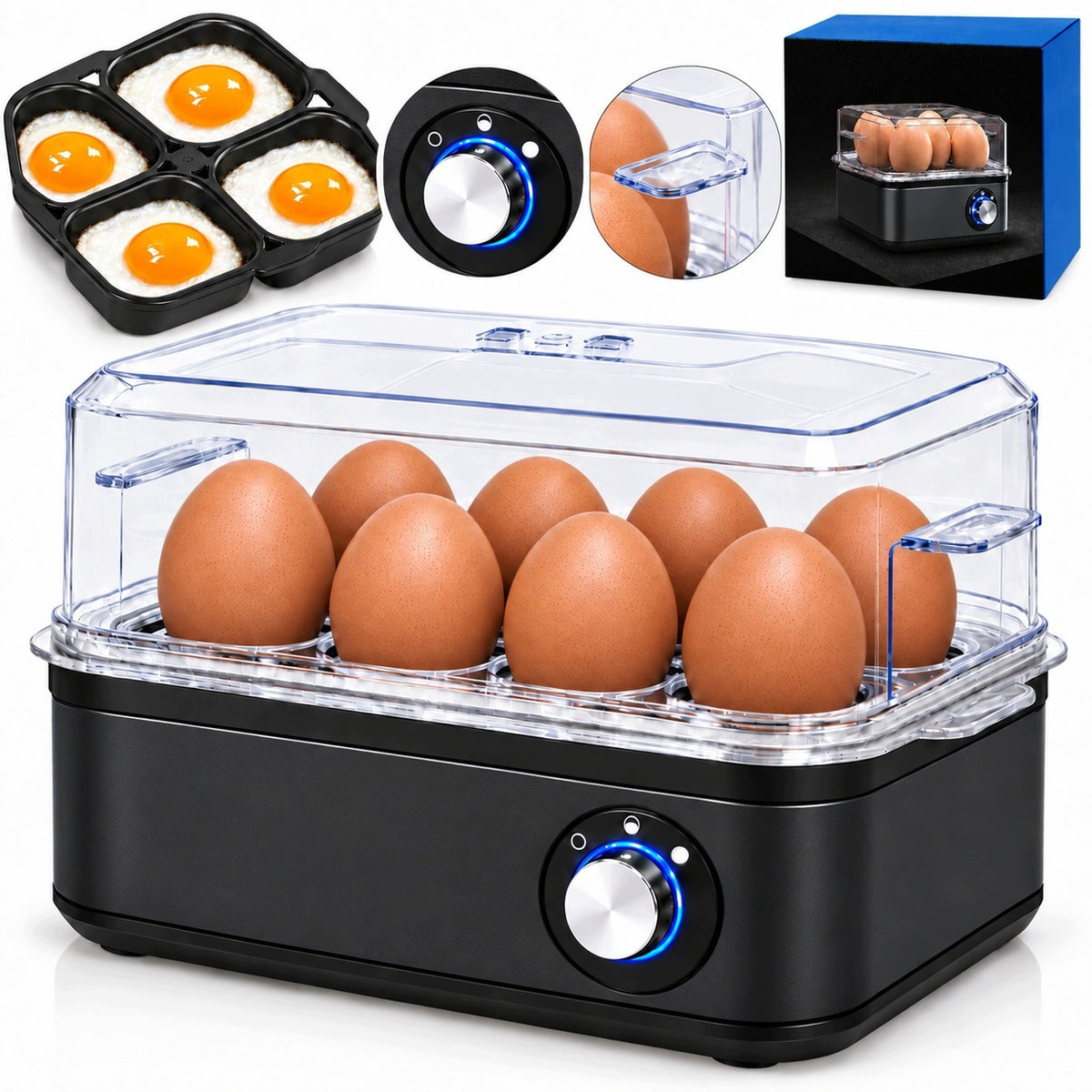 Electric egg cooker for 8 eggs 800 W 3 degrees of cooking with measuring cup