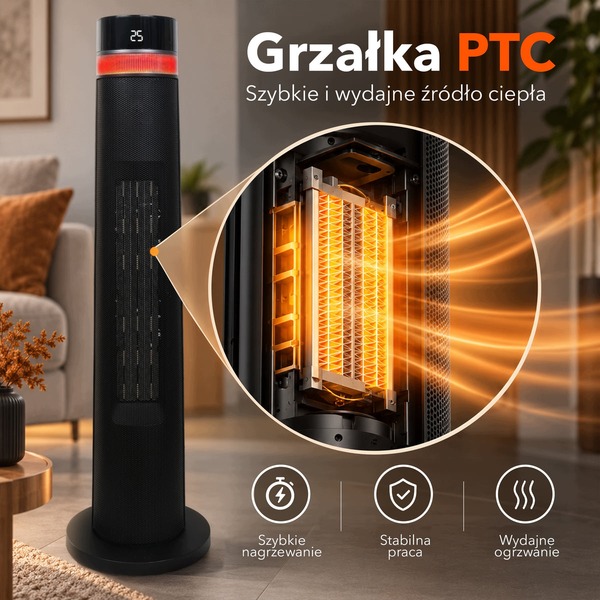 Electric fan heater columnar apron ELVO 2000W thermostat Manufacturer code Grzejnik elektryczny EBERG cichy 2kW ECO LED
