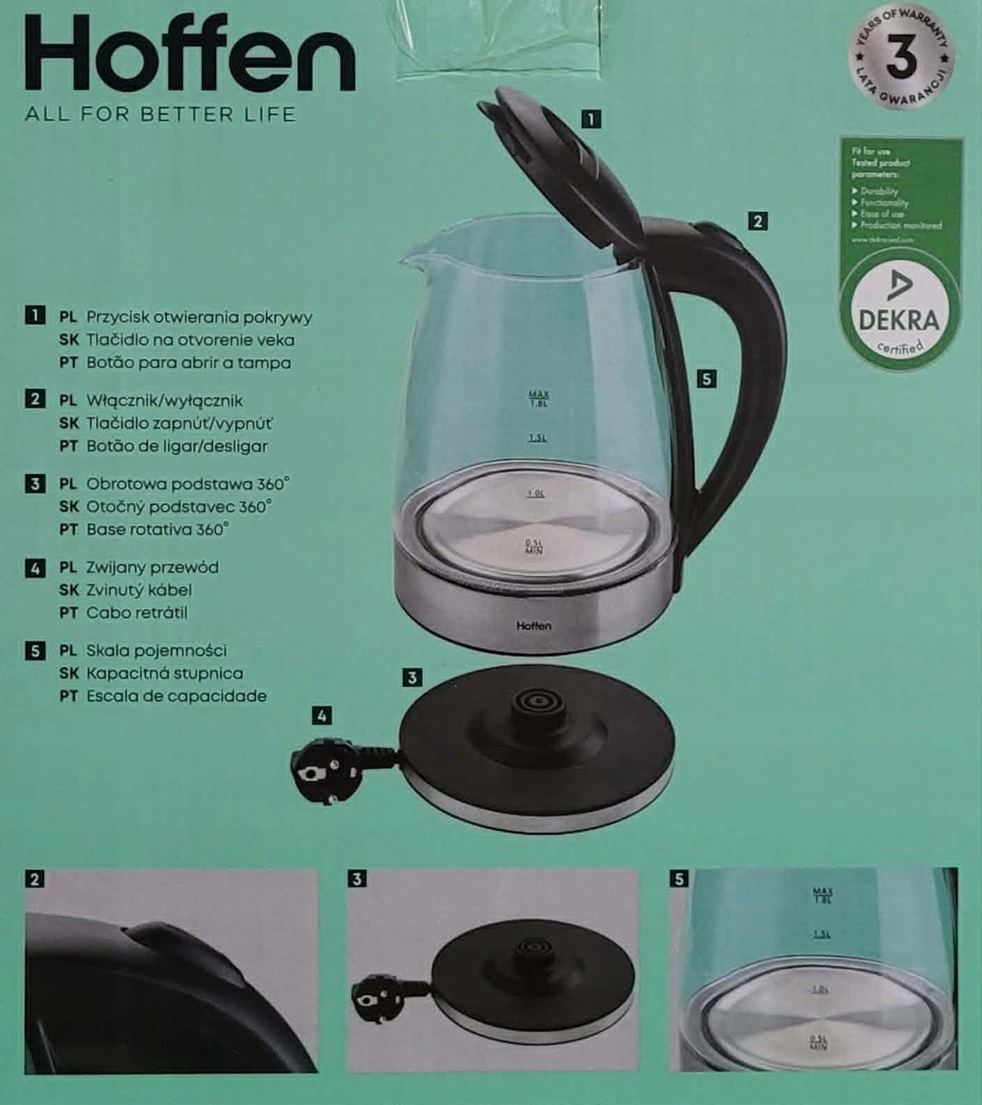 Electric glass kettle Hoffen LED 2200 W 1,8 l silver/grey Manufacturer code Hoffen LED