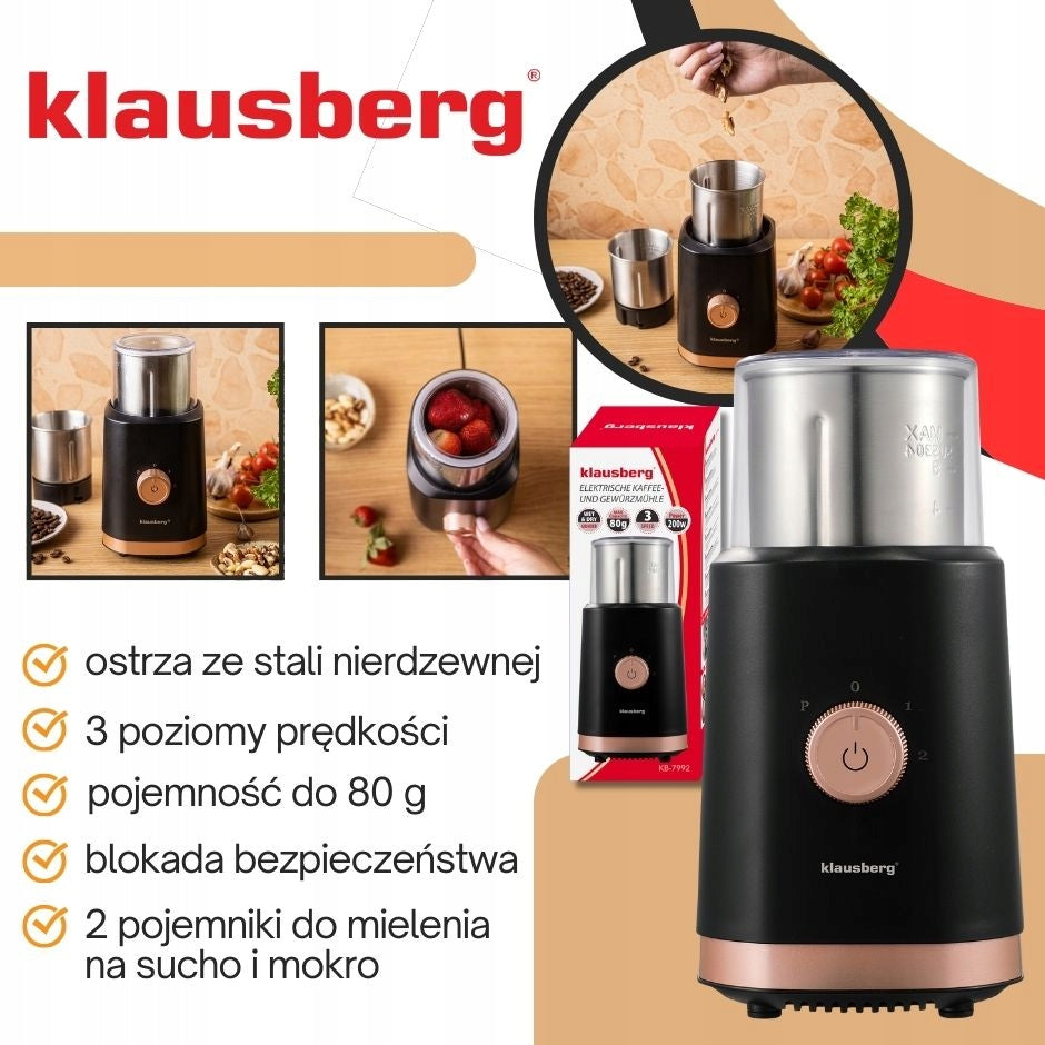 Electric grinder 2in1 KLAUSBERG KB7992 for coffee spices Fruit Vegetables 200W Manufacturer code KB-7992