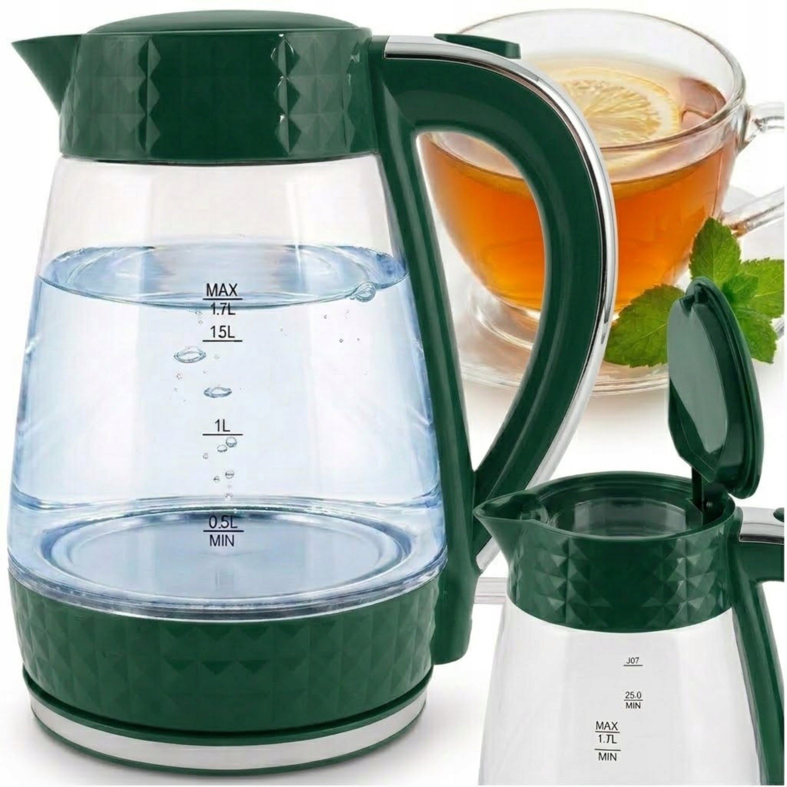 Electric kettle glass wireless quiet Łucznik 1,7L 2200W Green