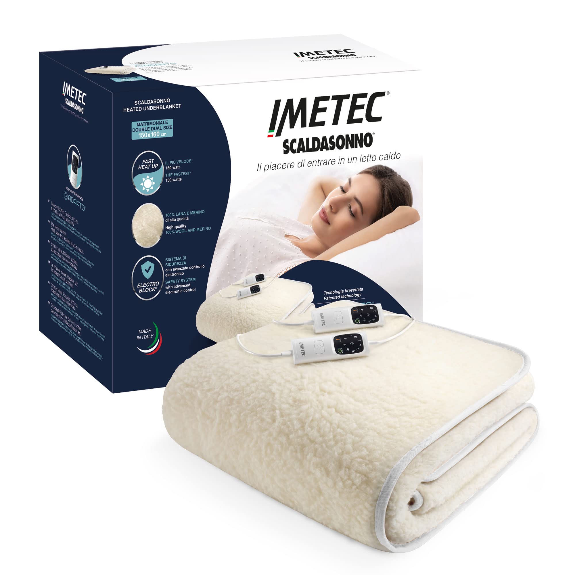 Electric mat blanket Imetec Adapto white 150 W 160x150cm merino wool