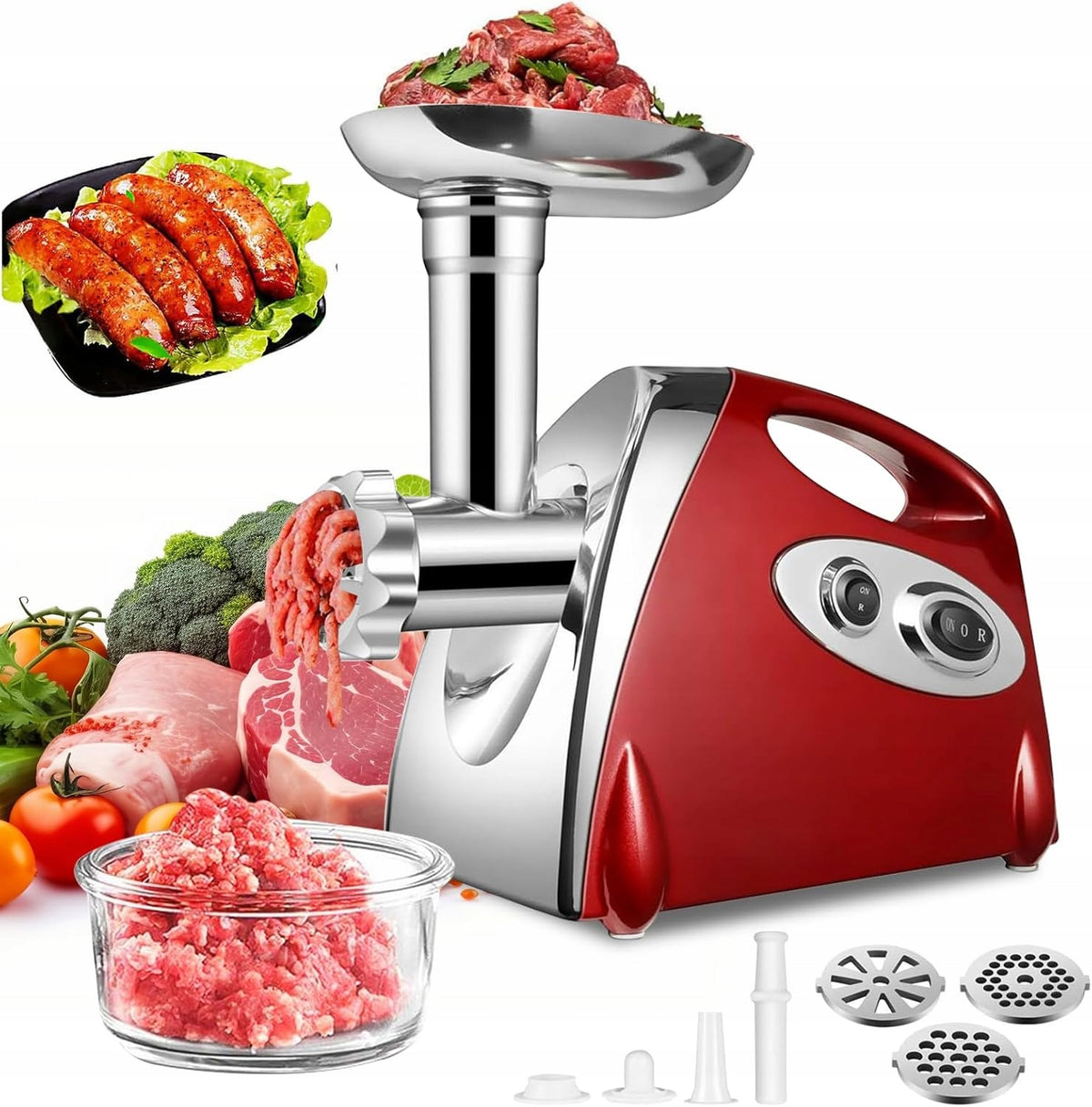Electric meat grinder 2800W stainless steel 3 sieves red 220V
