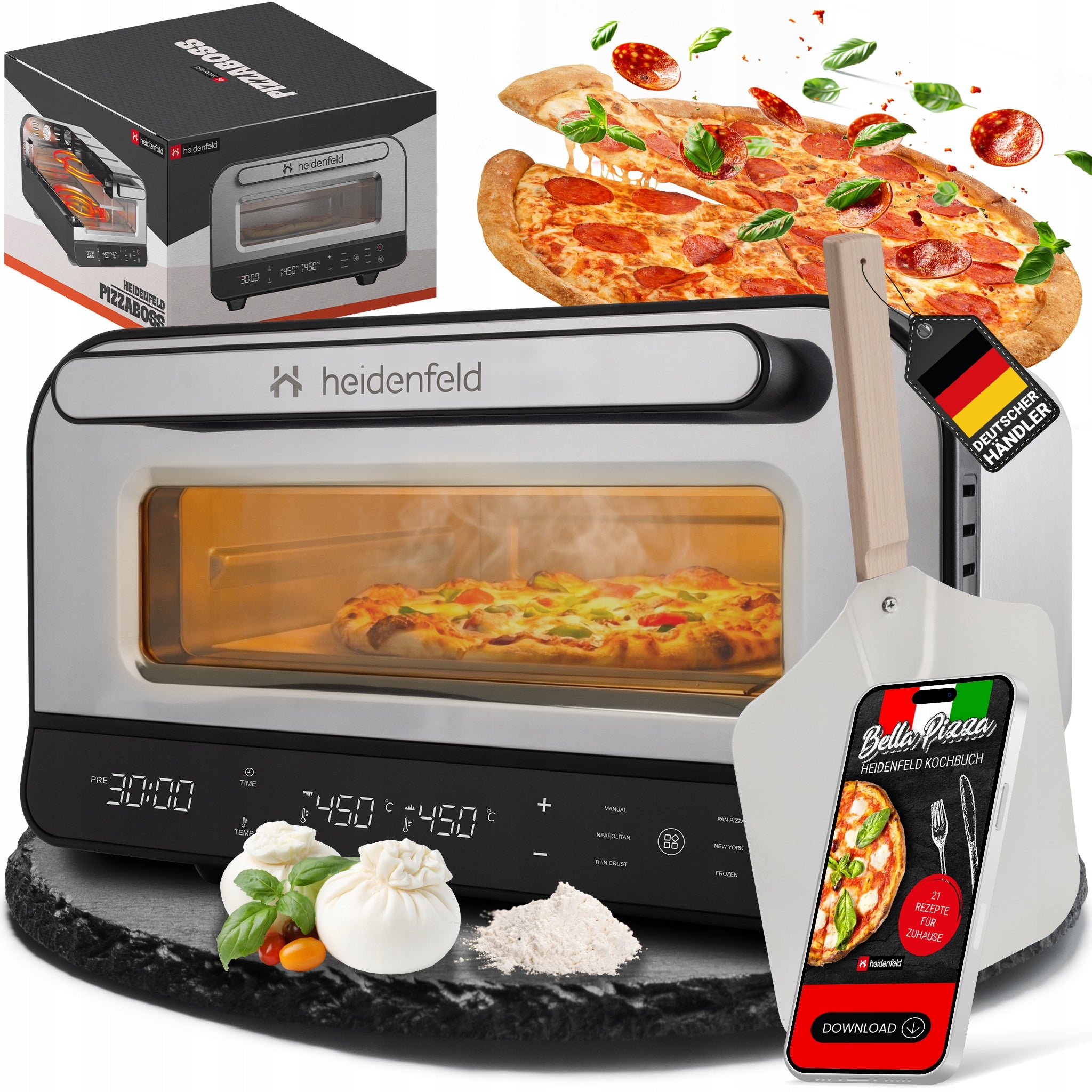 Electric pizza oven Heidenfeld Pizzaboss 1850W 450°C stone shovel