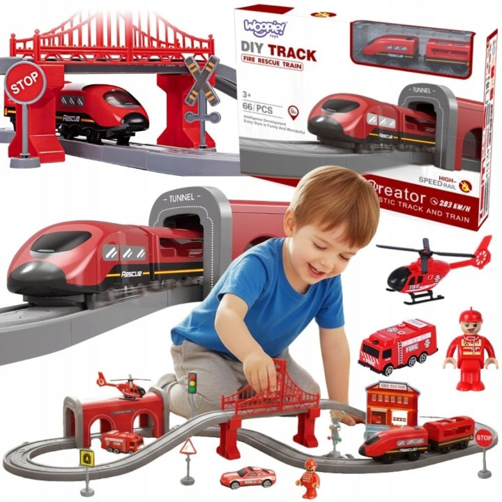 Electric queue fire brigade 92 ELEMENTS car tracks bridges houses train Manufacturer code 30685
