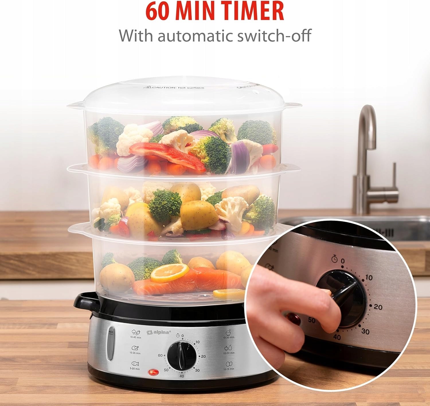 Electric steamer ALPINA 800W INOX TIMER Packaging status original