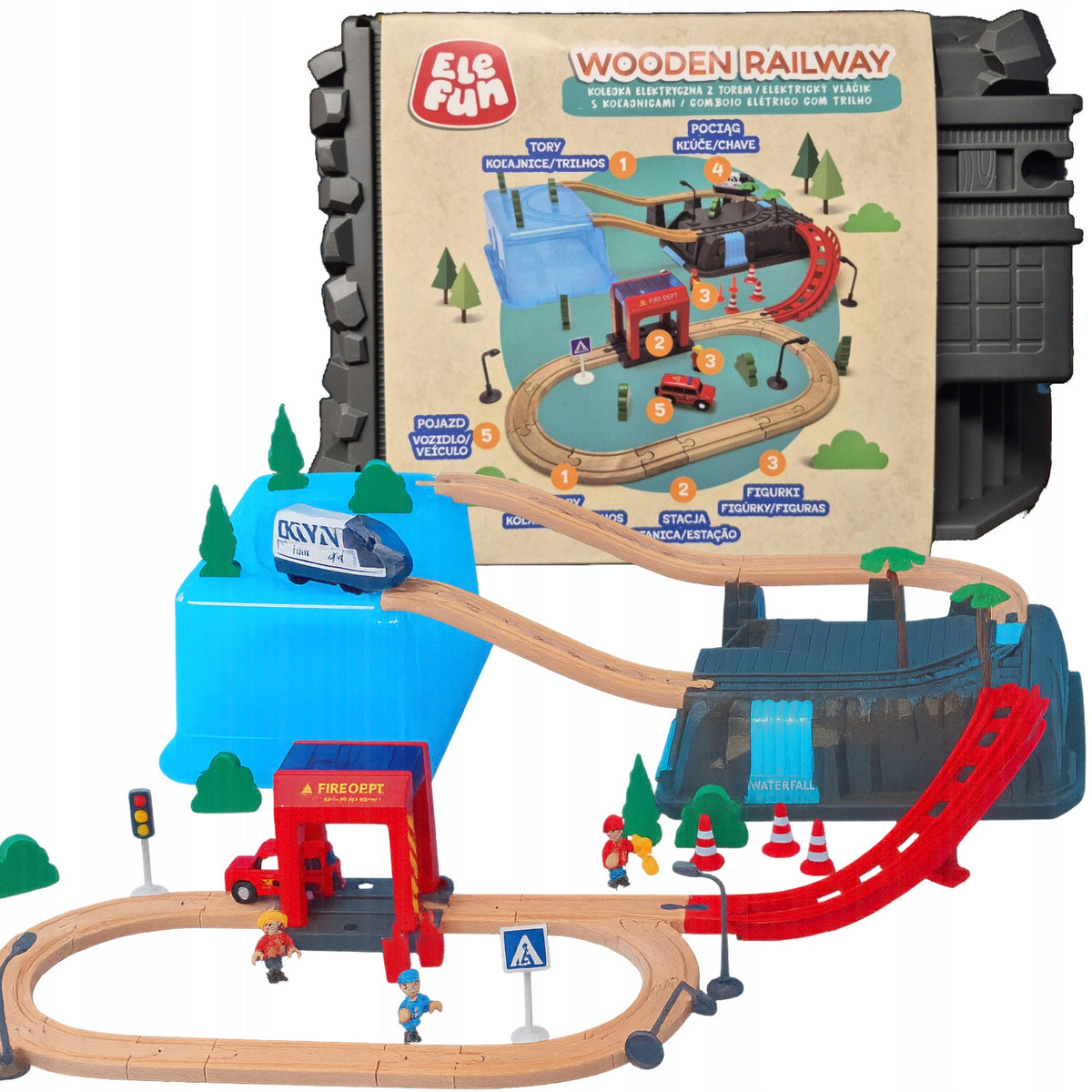 Electric wooden railway in box Elefun 60 element 320 cm