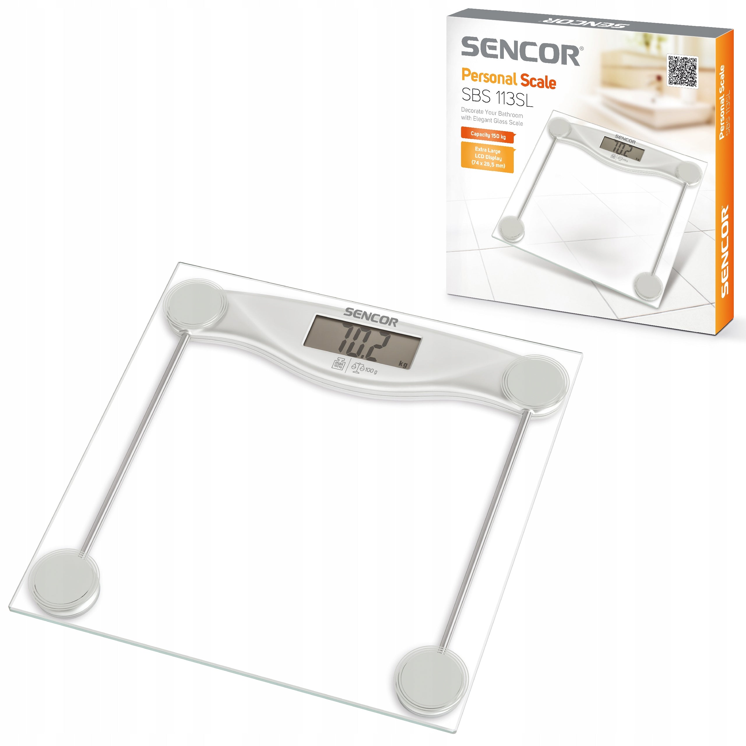 Electronic bathroom scale up to 150 kg LCD glass white Sencor SBS 113SL Packaging status original