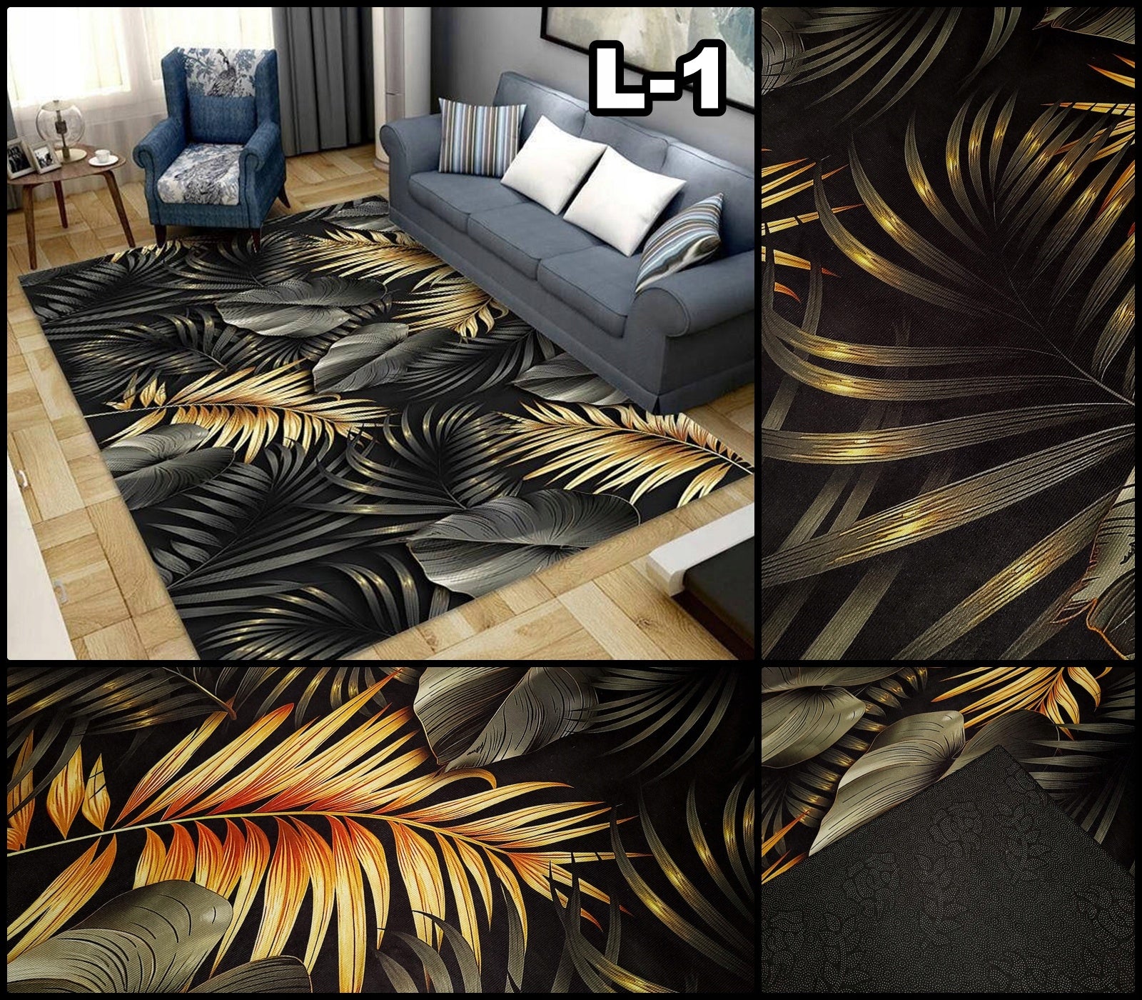 Elegant Anti-slip Carpet for Living Room Fancy 120x160 Leaves Black Gold Manufacturer code Fancy