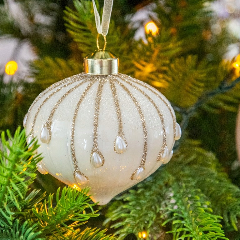 Elegant Christmas tree baubles glass white mat with beads 8 cm mix of designs Packaging status original