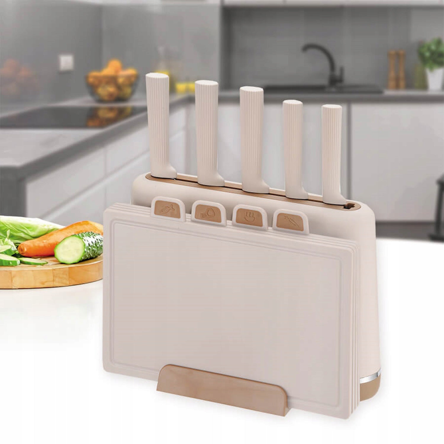 Elegant set of knives and boards on a stand 2in1 MAESTRO MR1412 beige Packaging status original