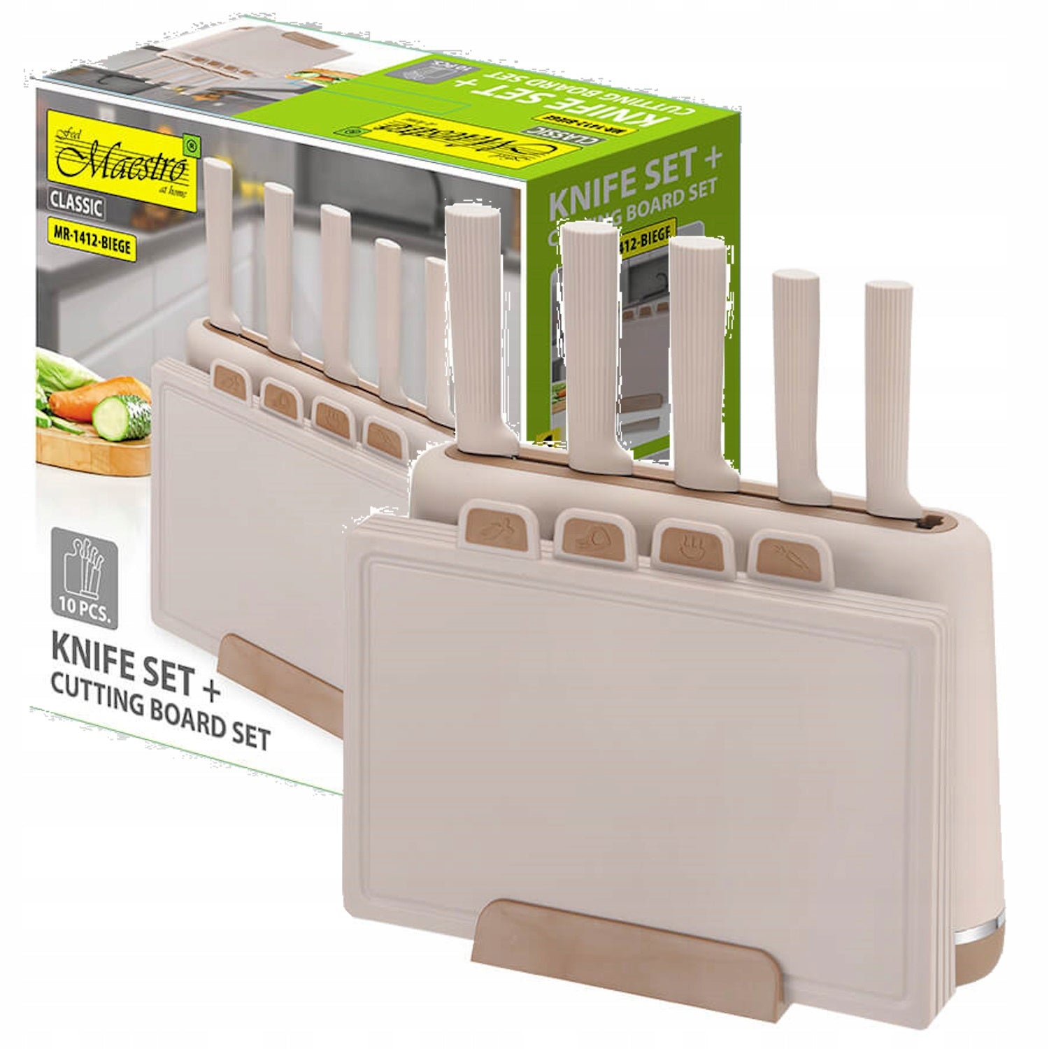 Elegant set of knives and boards on a stand 2in1 MAESTRO MR1412 beige