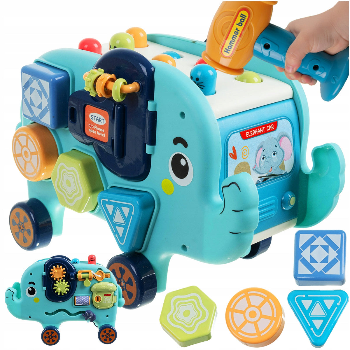 Elephant educational Montessori puzzle, manipulation board, blocks, hammer