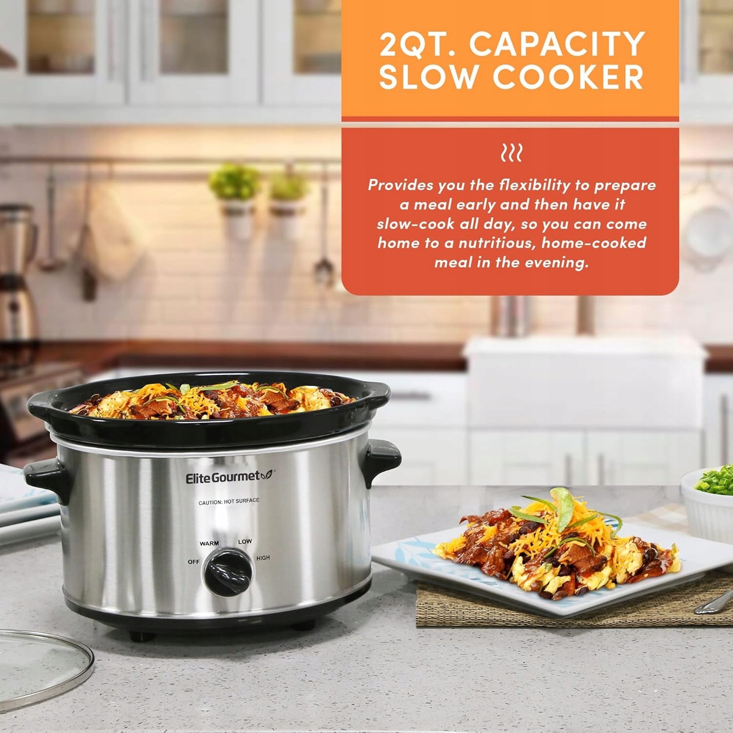 Elite Gourmet slow cooker 120W 2 quart stainless steel 3 settings Dominant color silver