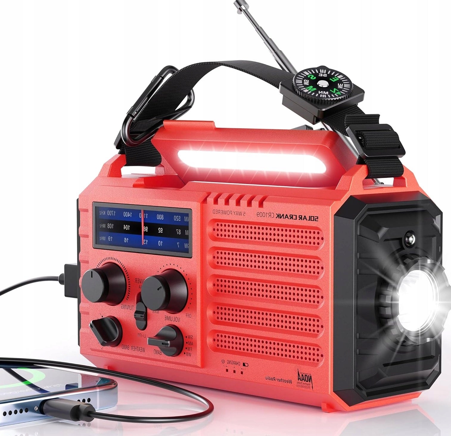 Emergency portable solar with crank flashlight alarm am fm sw