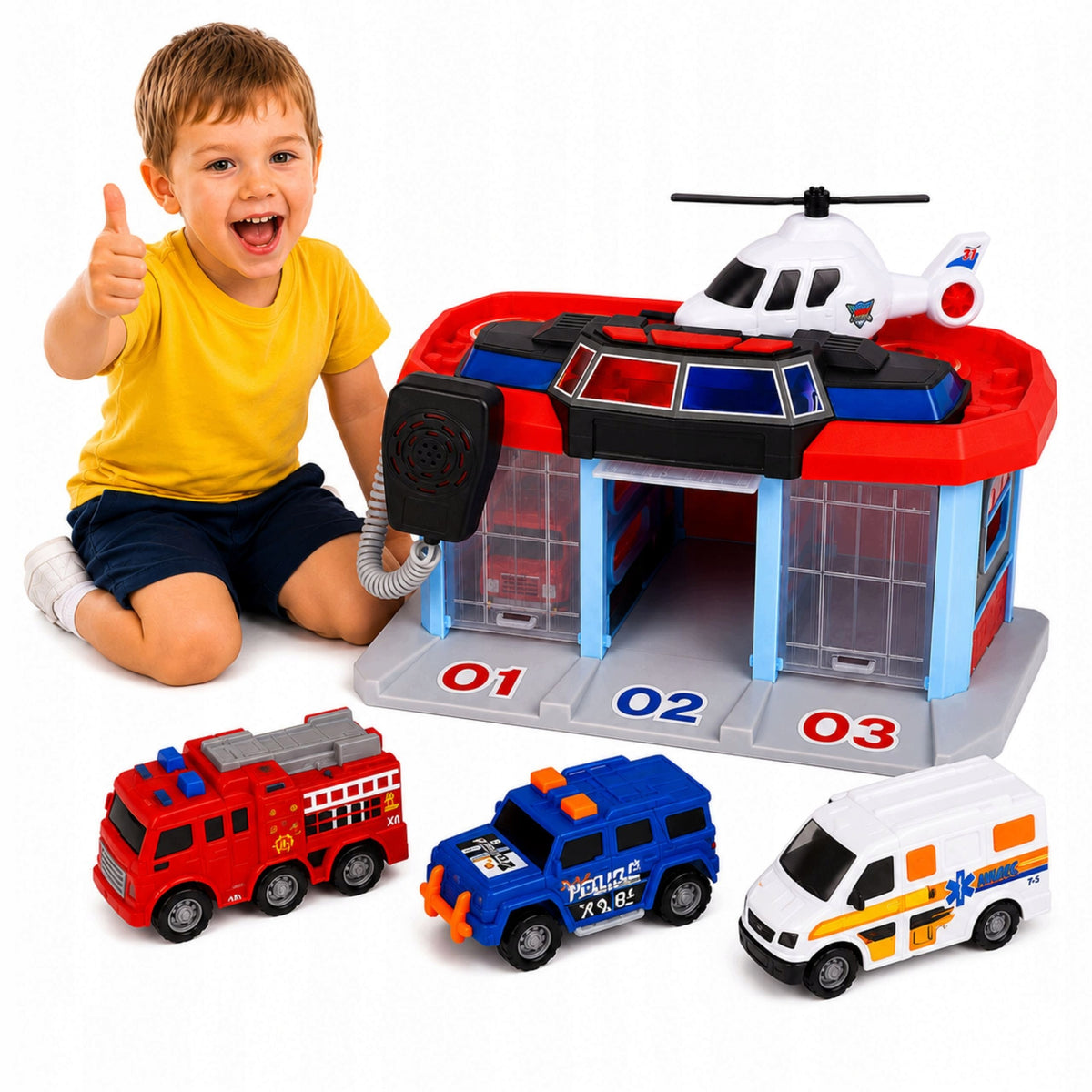 Emergency services base fire brigade helicopter police ambulance sound 3+
