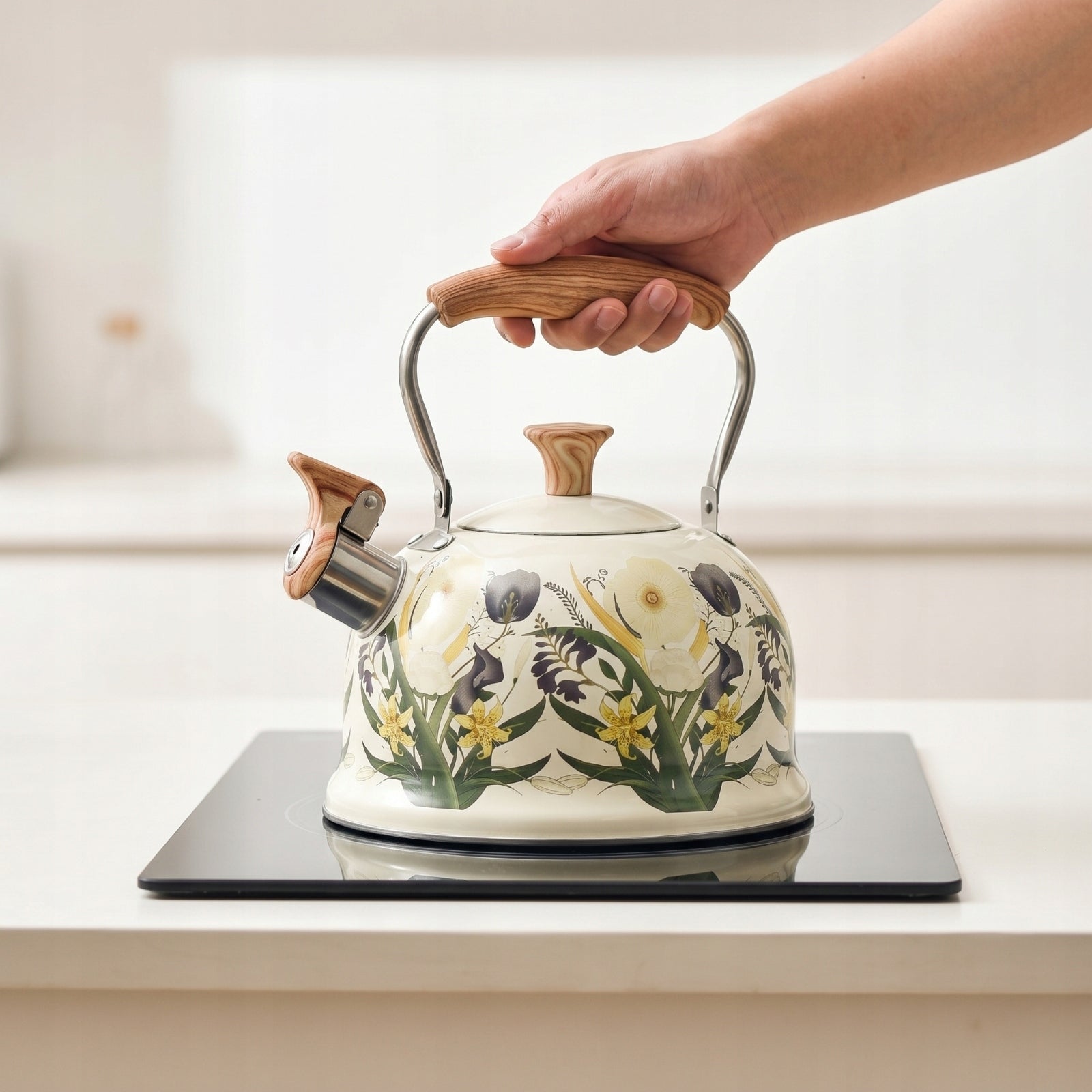 Enamel Kettle with Wood Grain Holder Convenient Tea Kettle Brand no brand