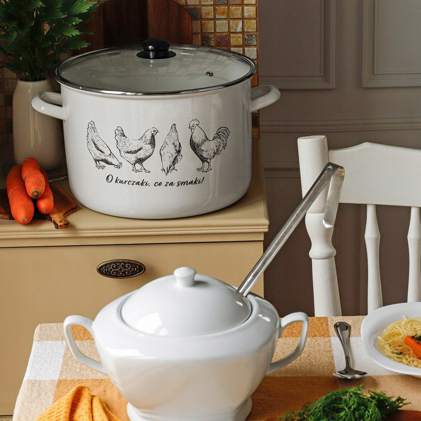 Enamel POT with Glass LID LARGE Steel Tadar O Chickens 7L 24cm Packaging status original