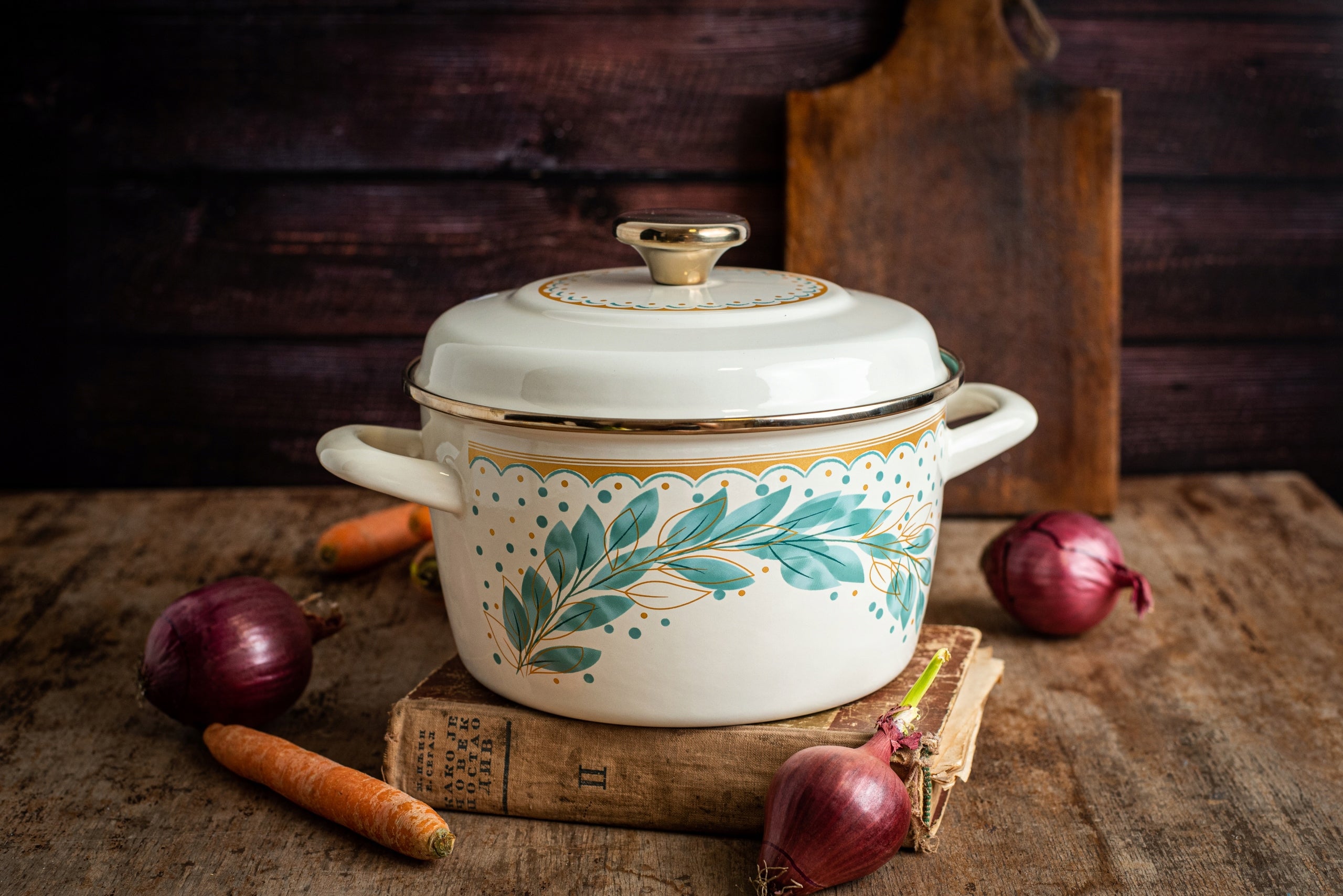 Enamel Pot 20 cm 3,5 L Metalac Green Line Induction Cream Gas Retro Manufacturer code MET-GL-2249