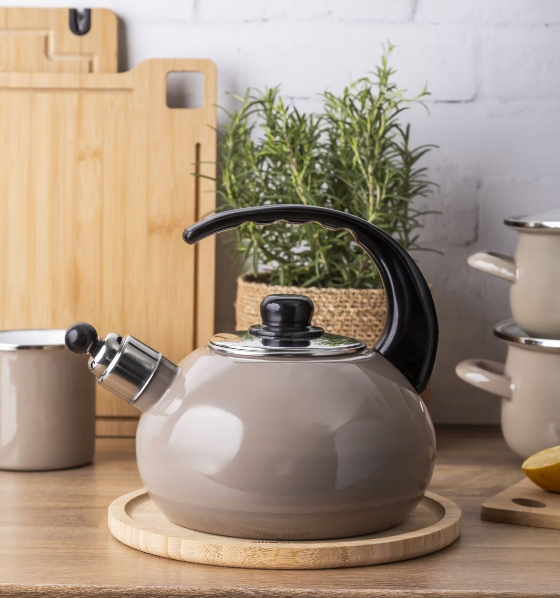 Enamel kettle Altom Design taupe 2,5 l induction gas with whistle Packaging status original