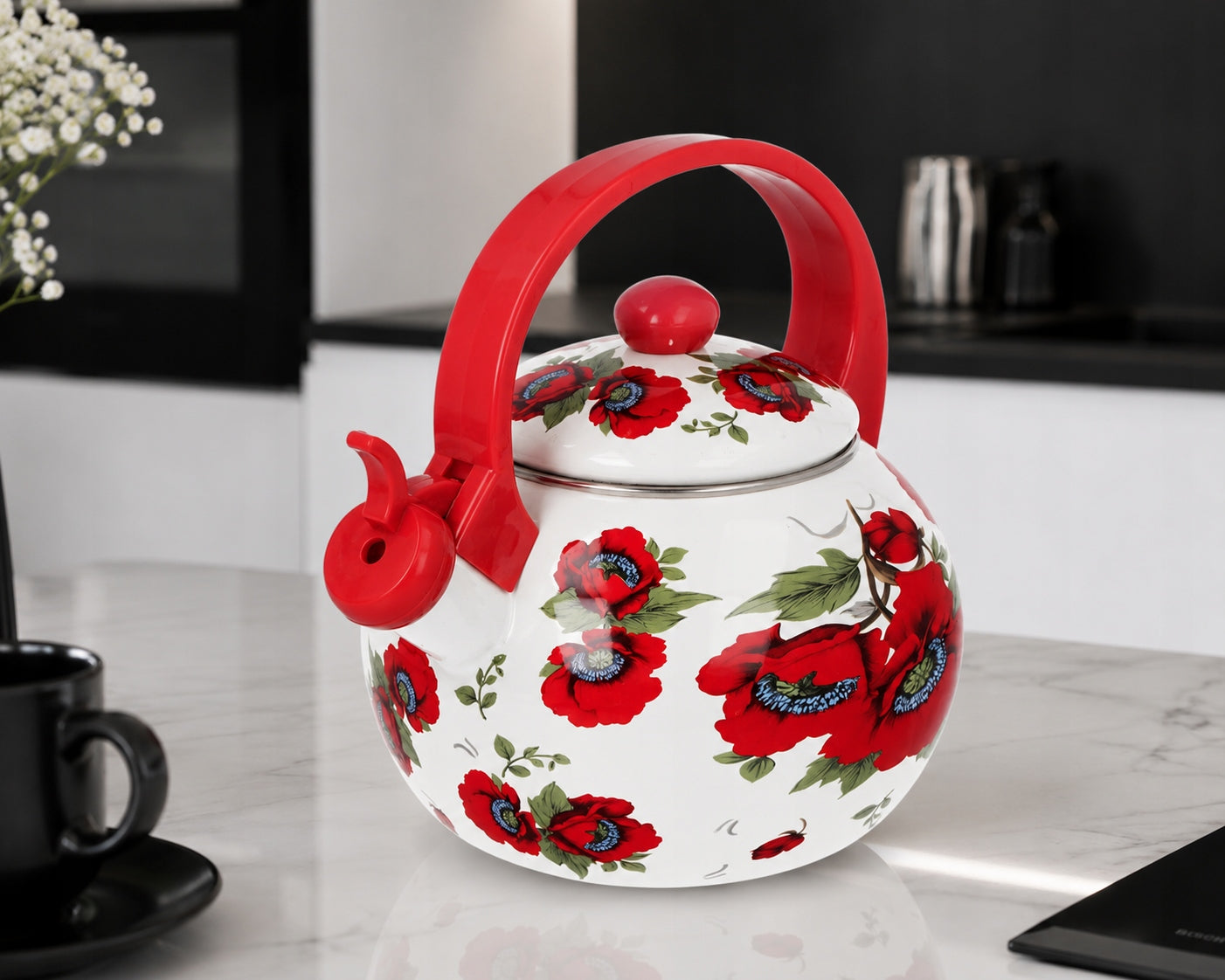 Enamel kettle MAKI traditional steel Edenberg 2,2L WHITE RED Manufacturer code EB-1745