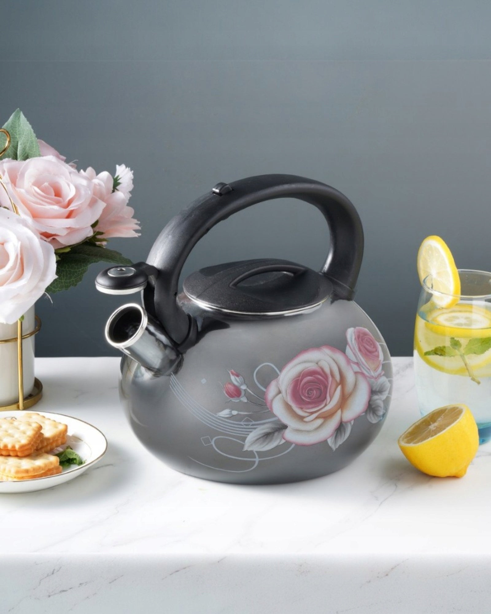 Enamel kettle large 3L enamel gas induction graphite roses MASTERPAN Brand no brand