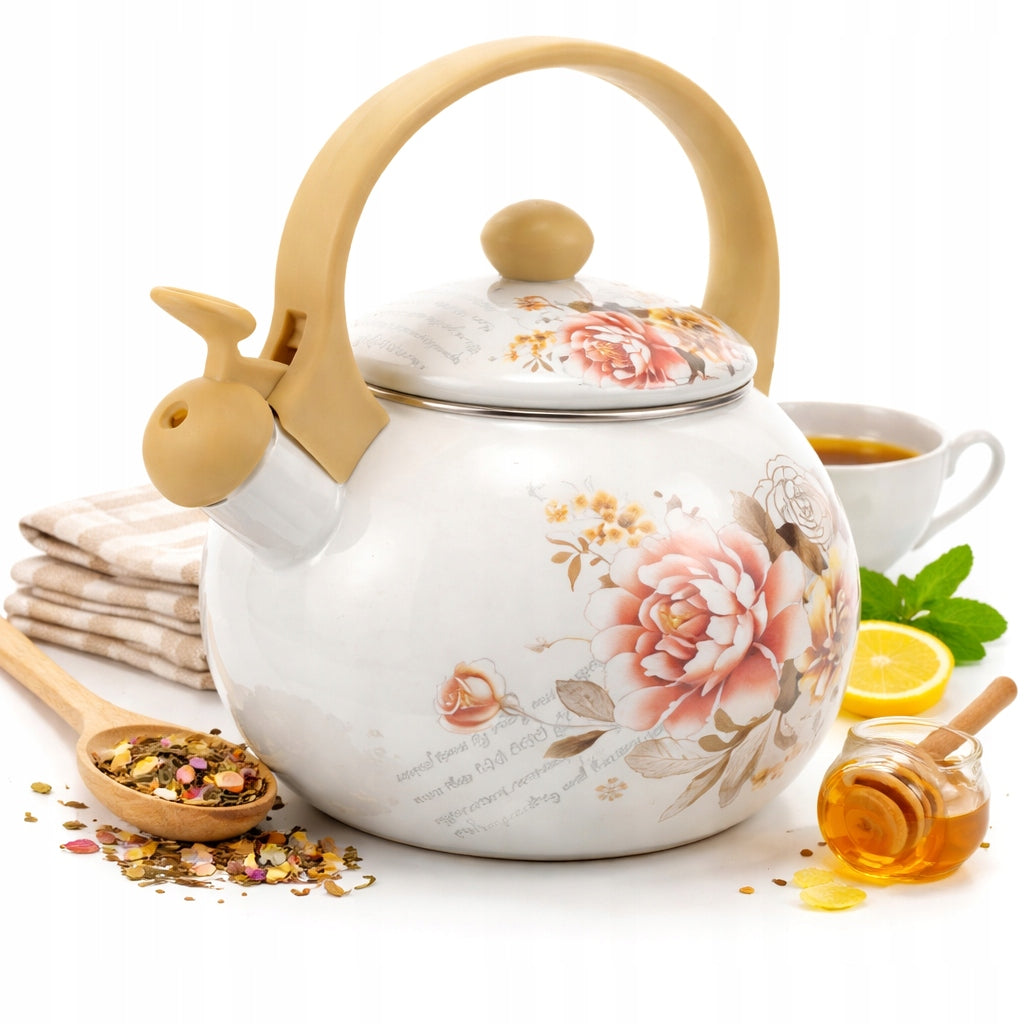 Enamel kettle with whistle 2,2 l – steel FLOWERS INDUCTION GAS White