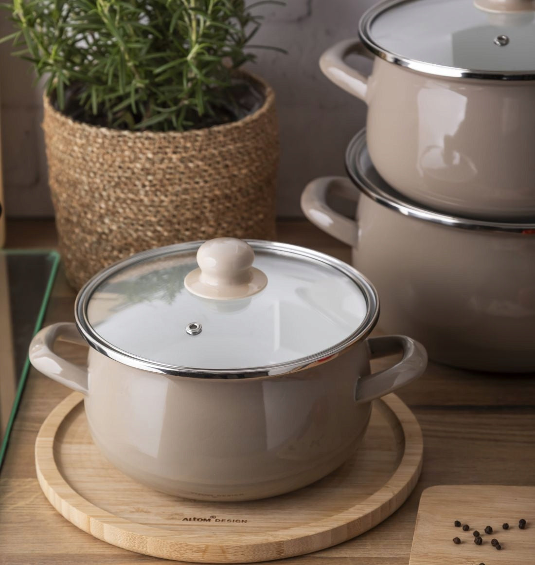 Enamel pot 1,9 l with glass lid induction gas Altom Design taupe Brand Altom Design