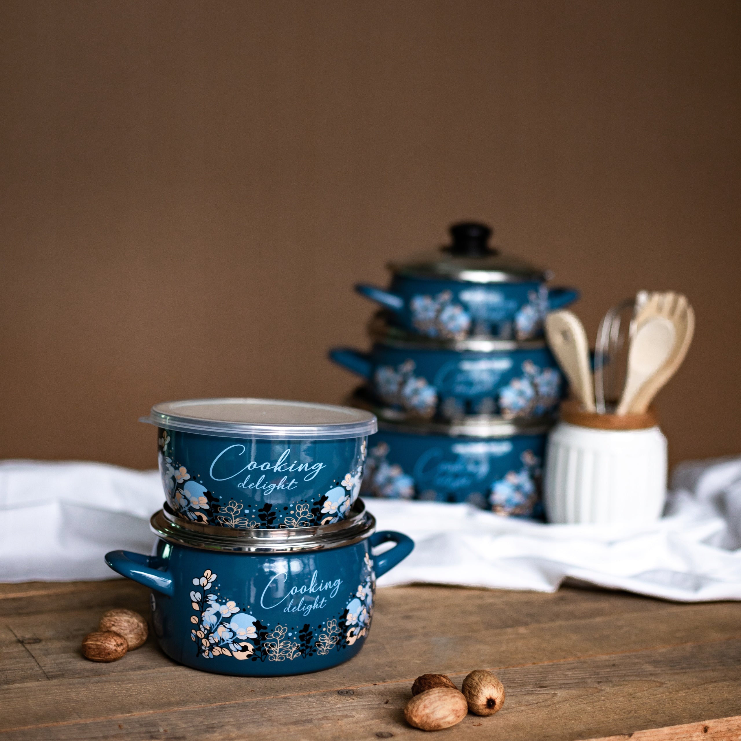 Enamel pot 16cm 2.2L, with glass lid, blue, Cooking Delight Brand Metalac