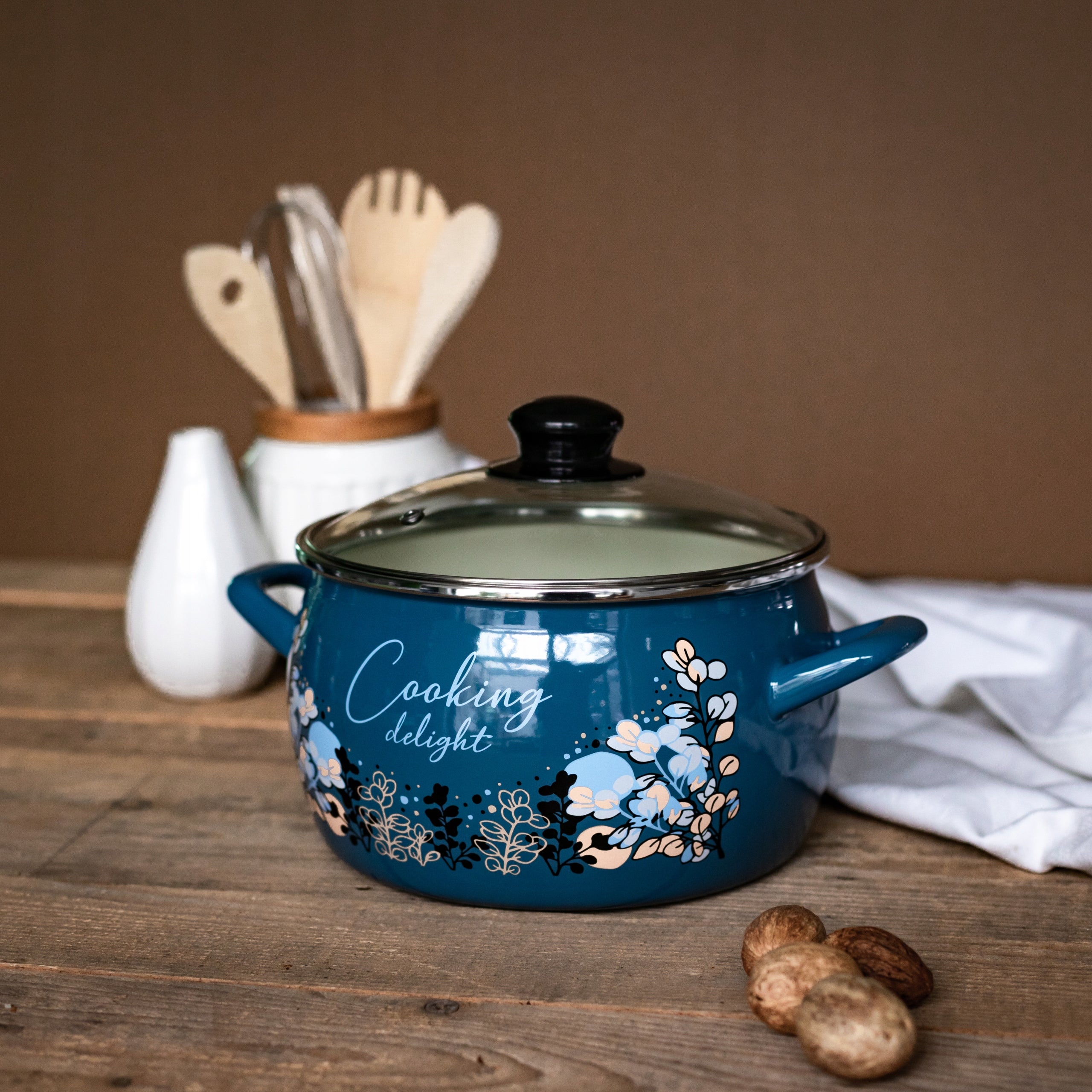 Enamel pot 20cm 4.2L, with glass lid, blue, Cooking Delight Brand Metalac