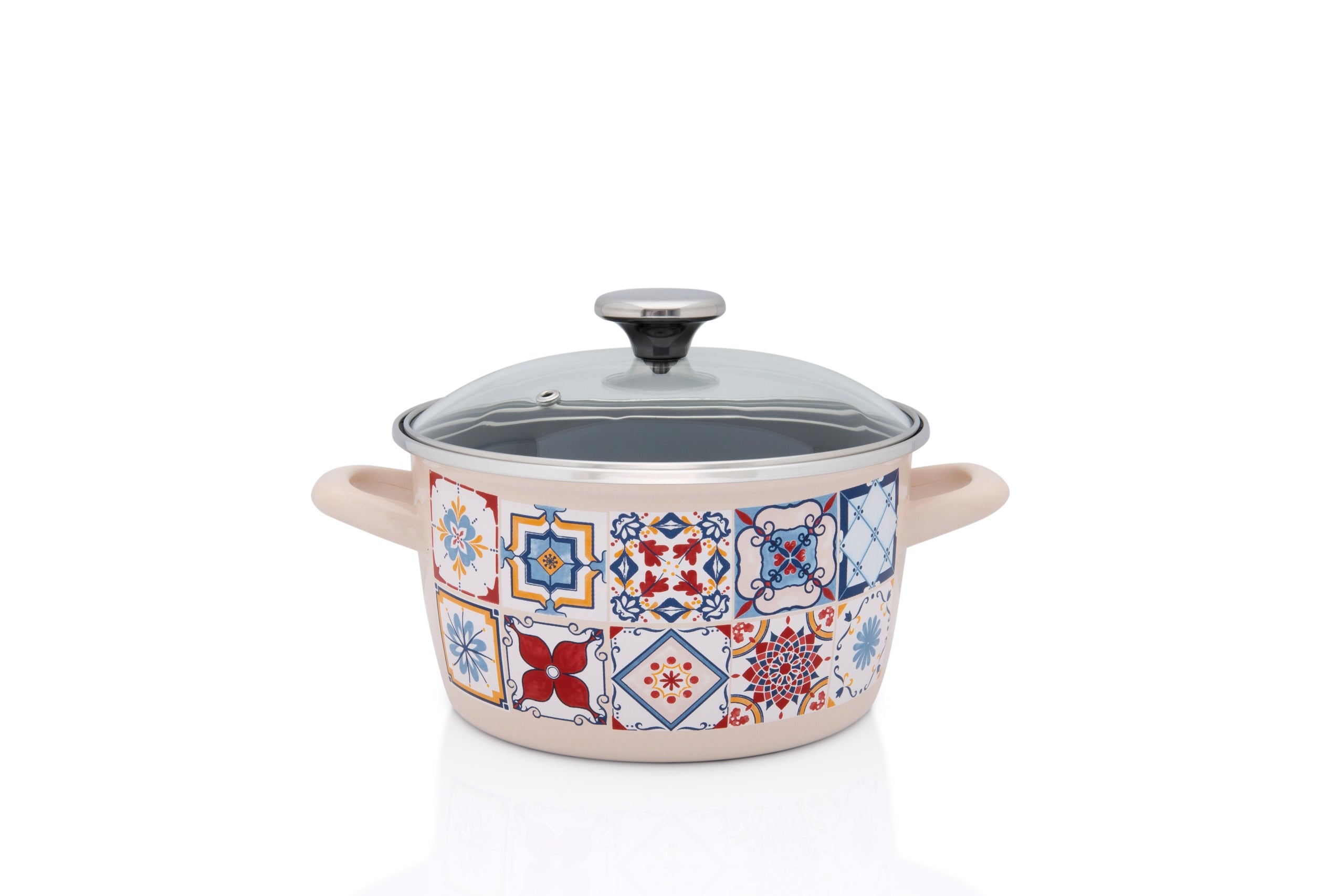 Enamel pot with glass lid, 24 cm 6.0L, cream, Porto Brand Metalac