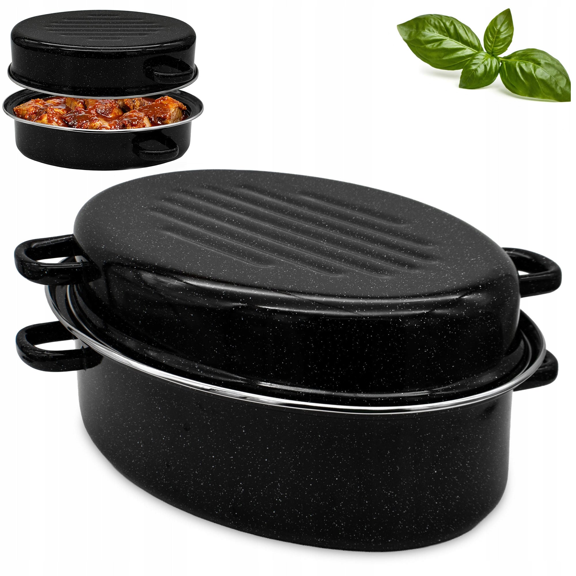 Enameled Gooseberry 38cm Oval Brittany with Lid Spacious Black 7,5L