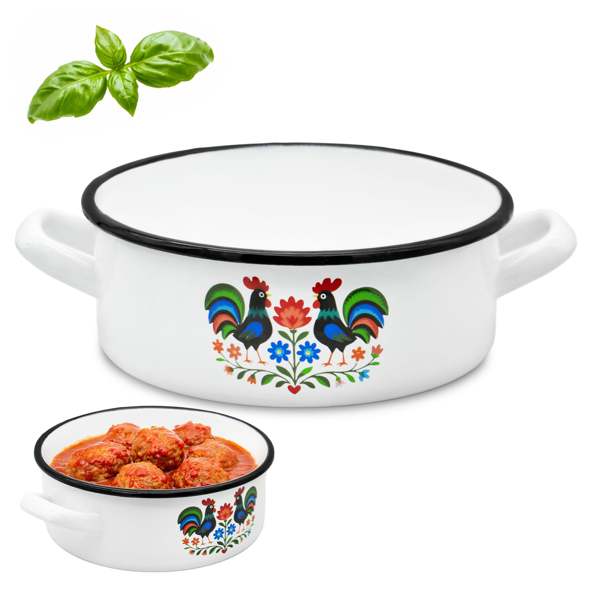 Enameled Roundabout 14cm with Handles Traditional Pot White Folk 0,9L